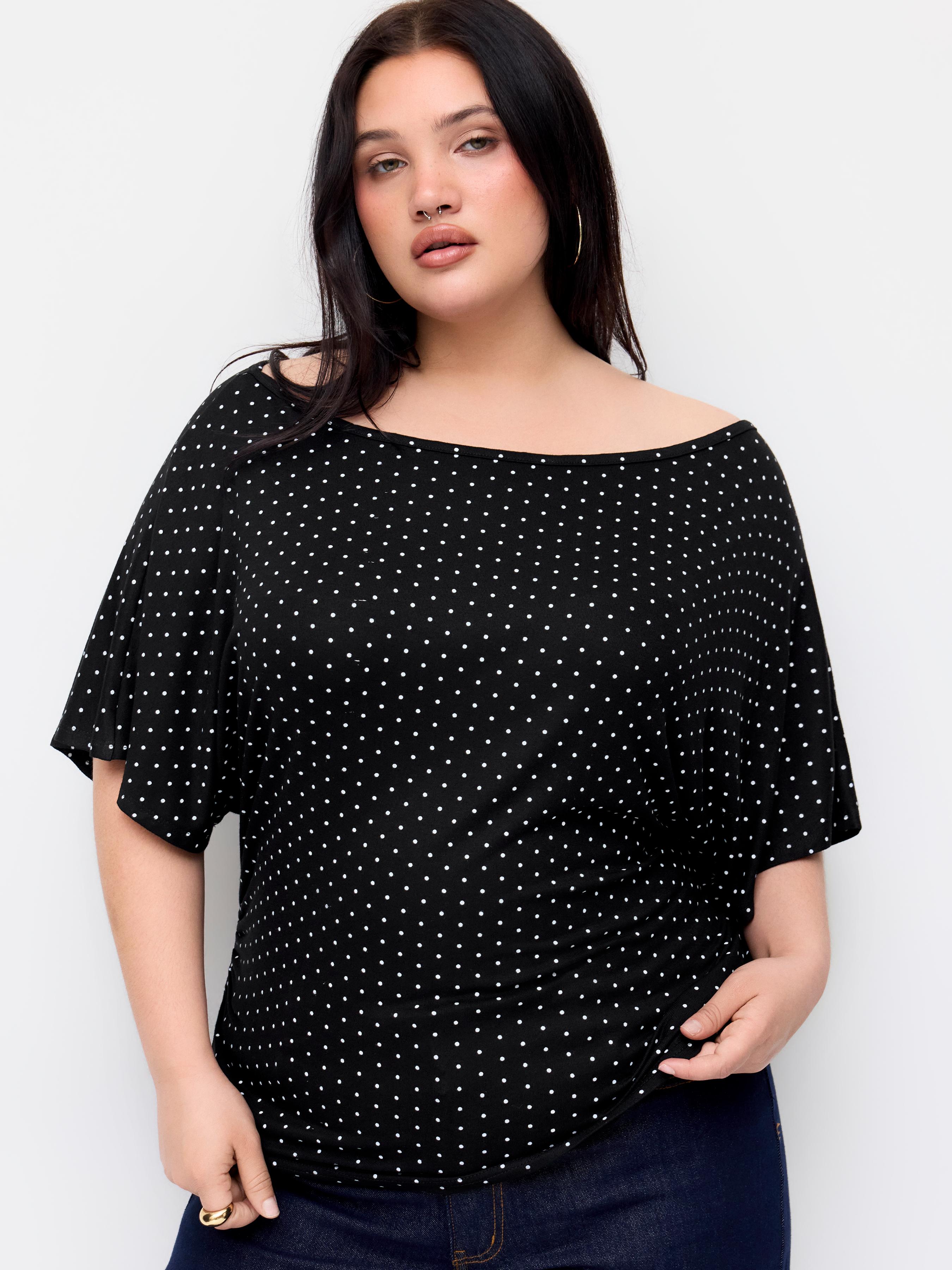 Polka Dot Boat Neck Tie Back Batwing Sleeve Top Curve & Plus by CIDER
