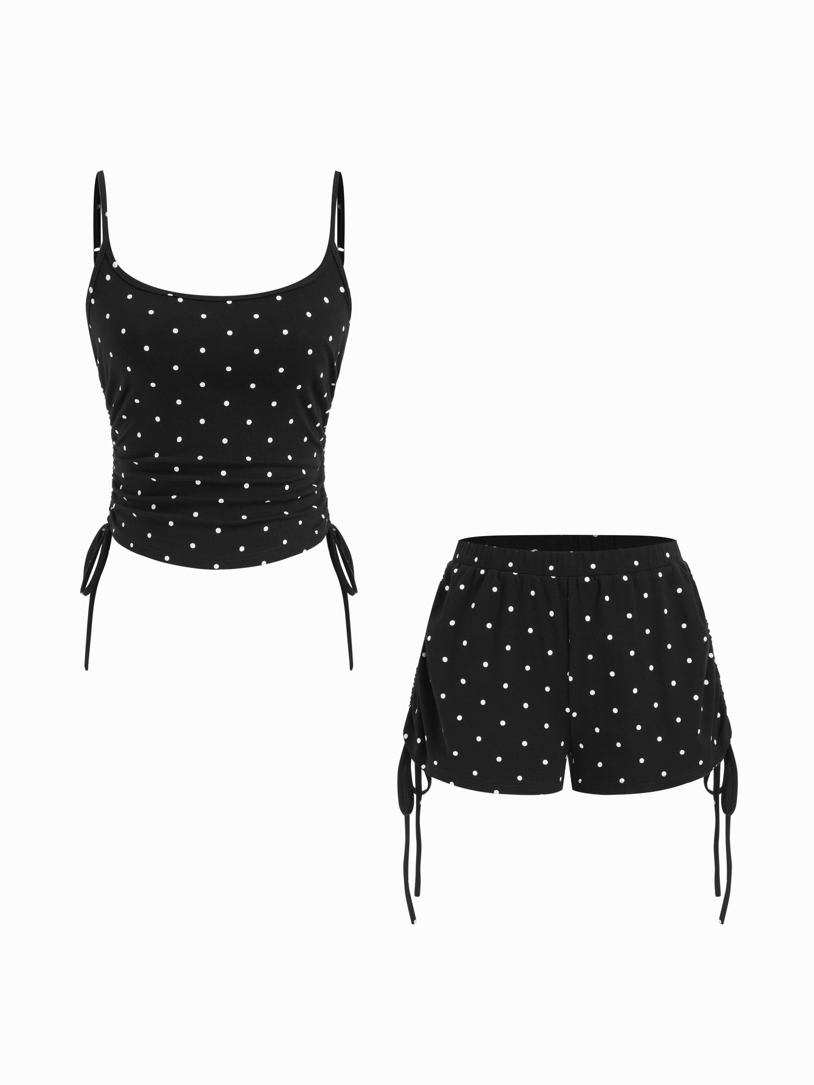 Polka Dot Drawstring Crop Cami Top & Low Rise Drawstring Micro Shorts Set by CIDER