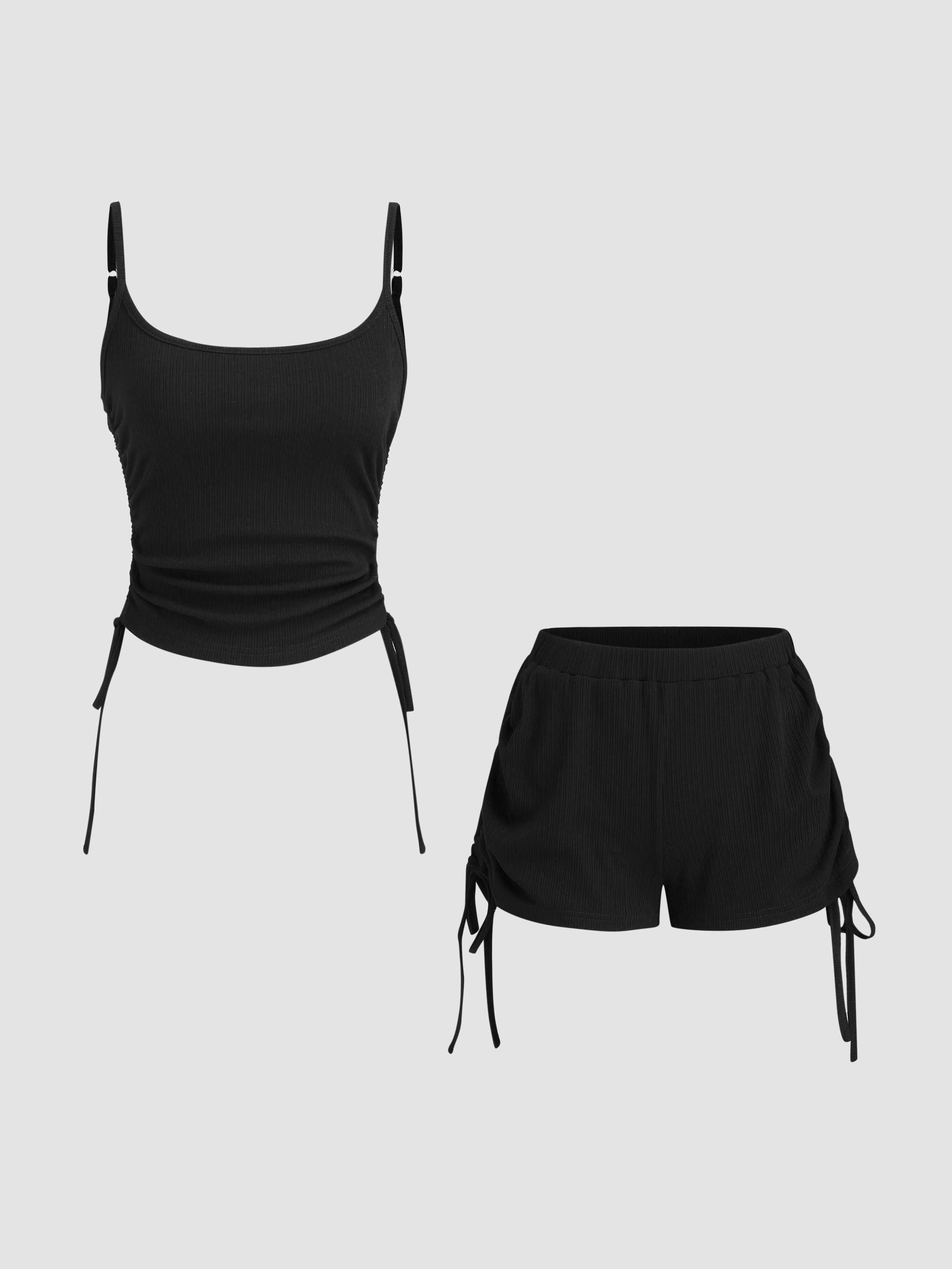Polka Dot Drawstring Crop Cami Top & Low Rise Drawstring Micro Shorts Set by CIDER