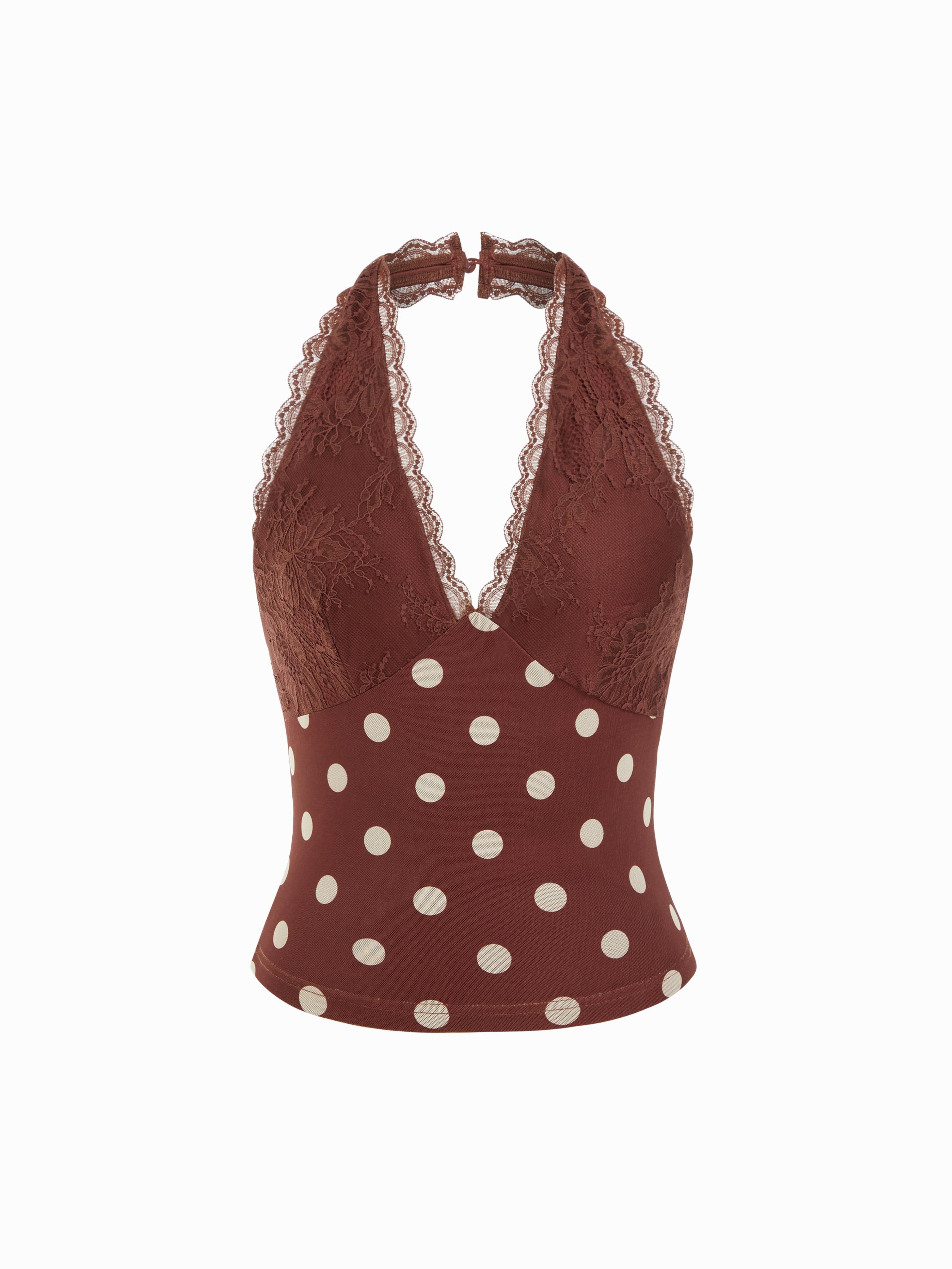 Polka Dot Halter Neck Lace Panel Crop Tank Top by CIDER