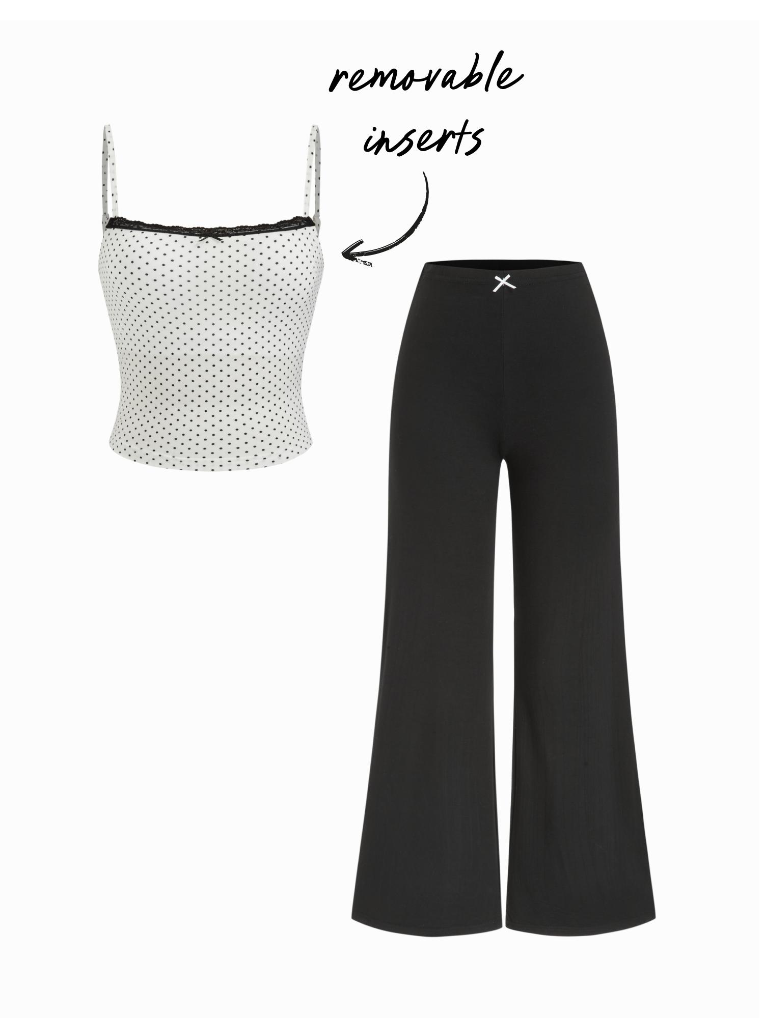 Polka Dot Lace Trim Cami Crop Top With Removable Padding & High Rise Bowknot Wide Leg Trousers Loungewear Set by CIDER