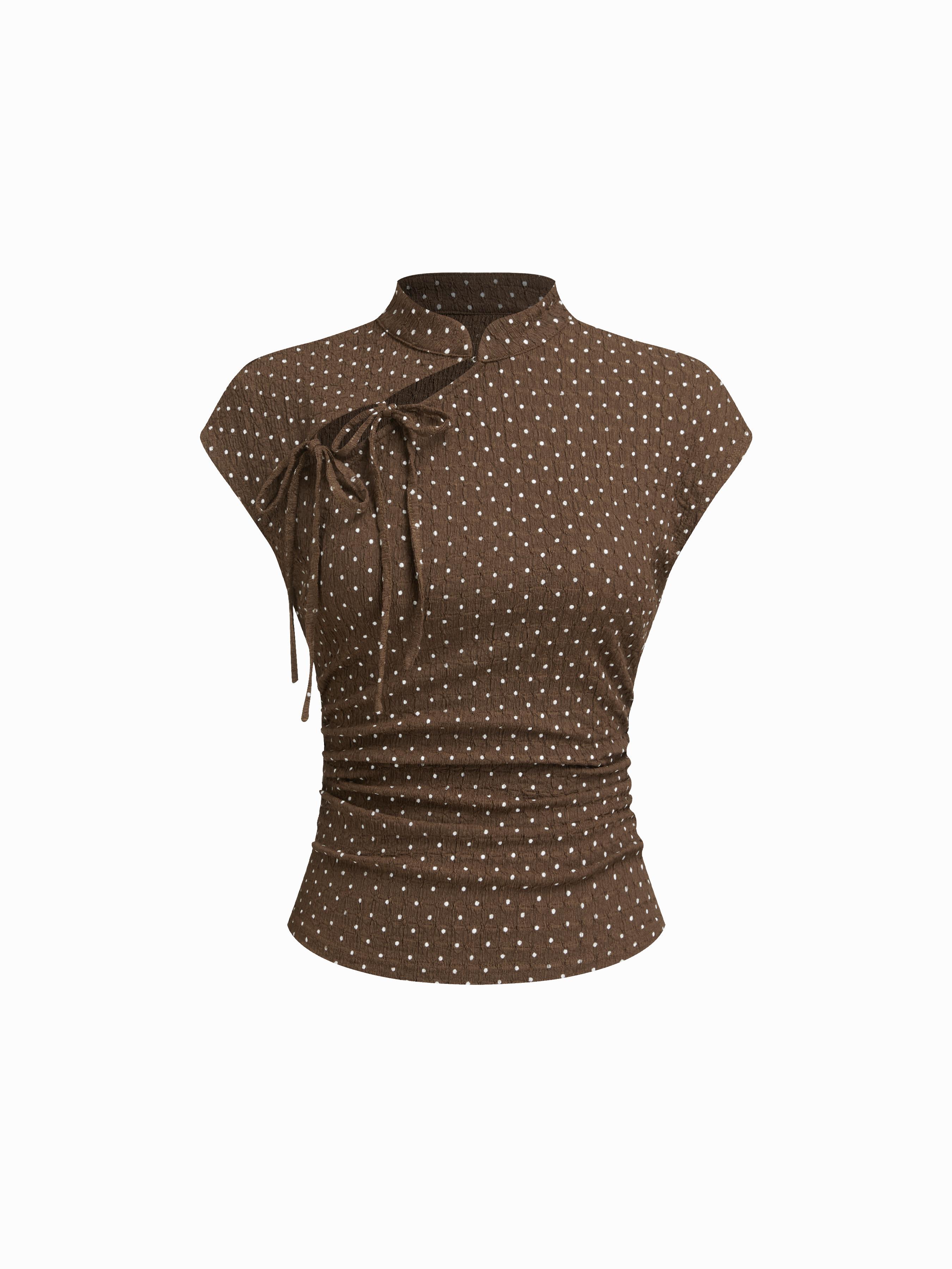 Polka Dot Mandarin Collar Short Sleeve Knotted Ruched Top by CIDER