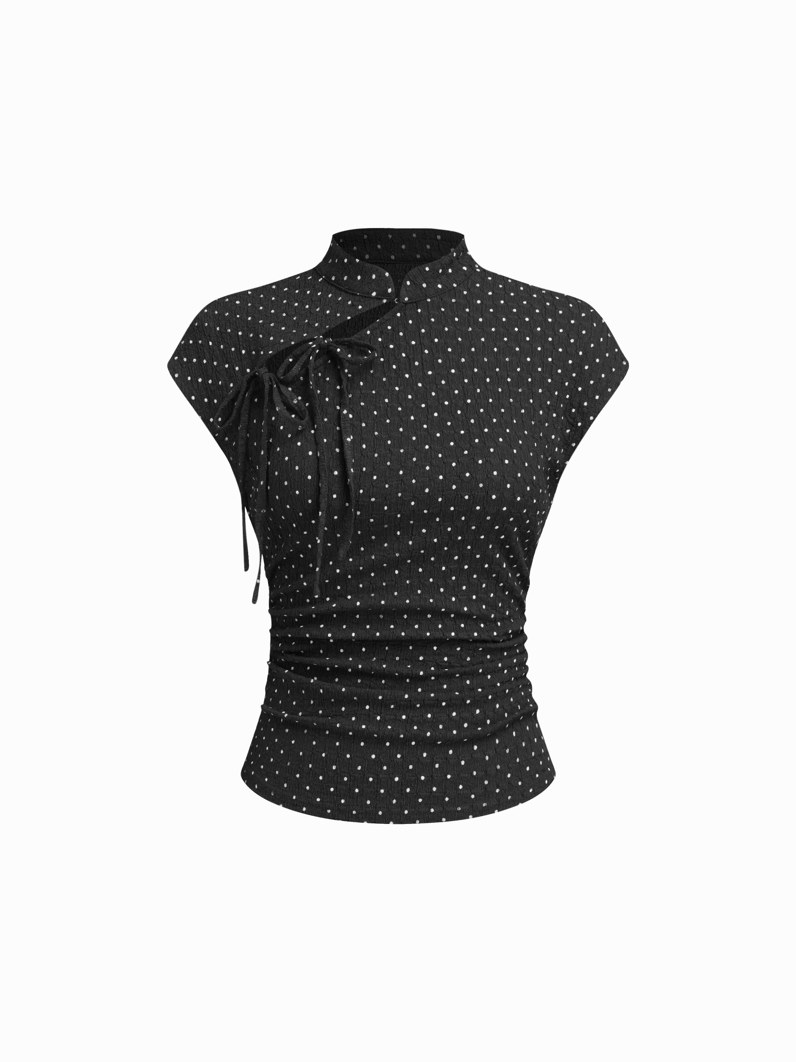 Polka Dot Mandarin Collar Short Sleeve Knotted Ruched Top by CIDER