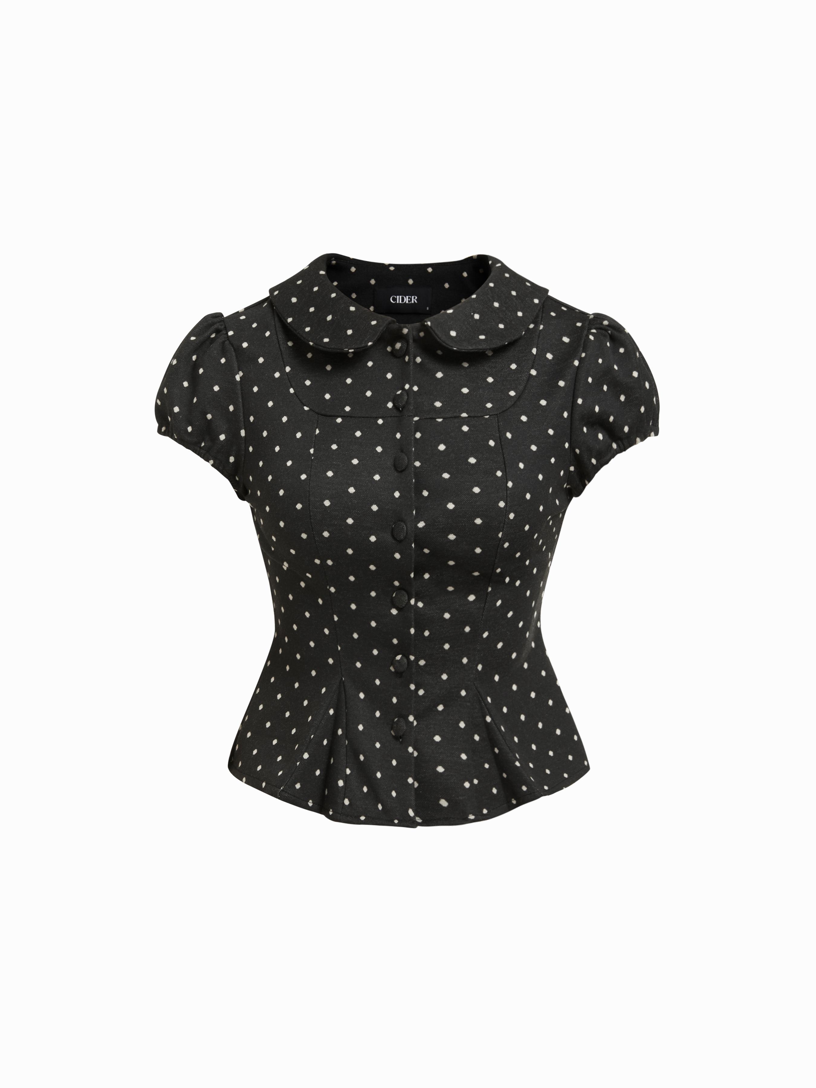 Polka Dot Peter Pan Collar Puff Sleeve Cropped Top by CIDER