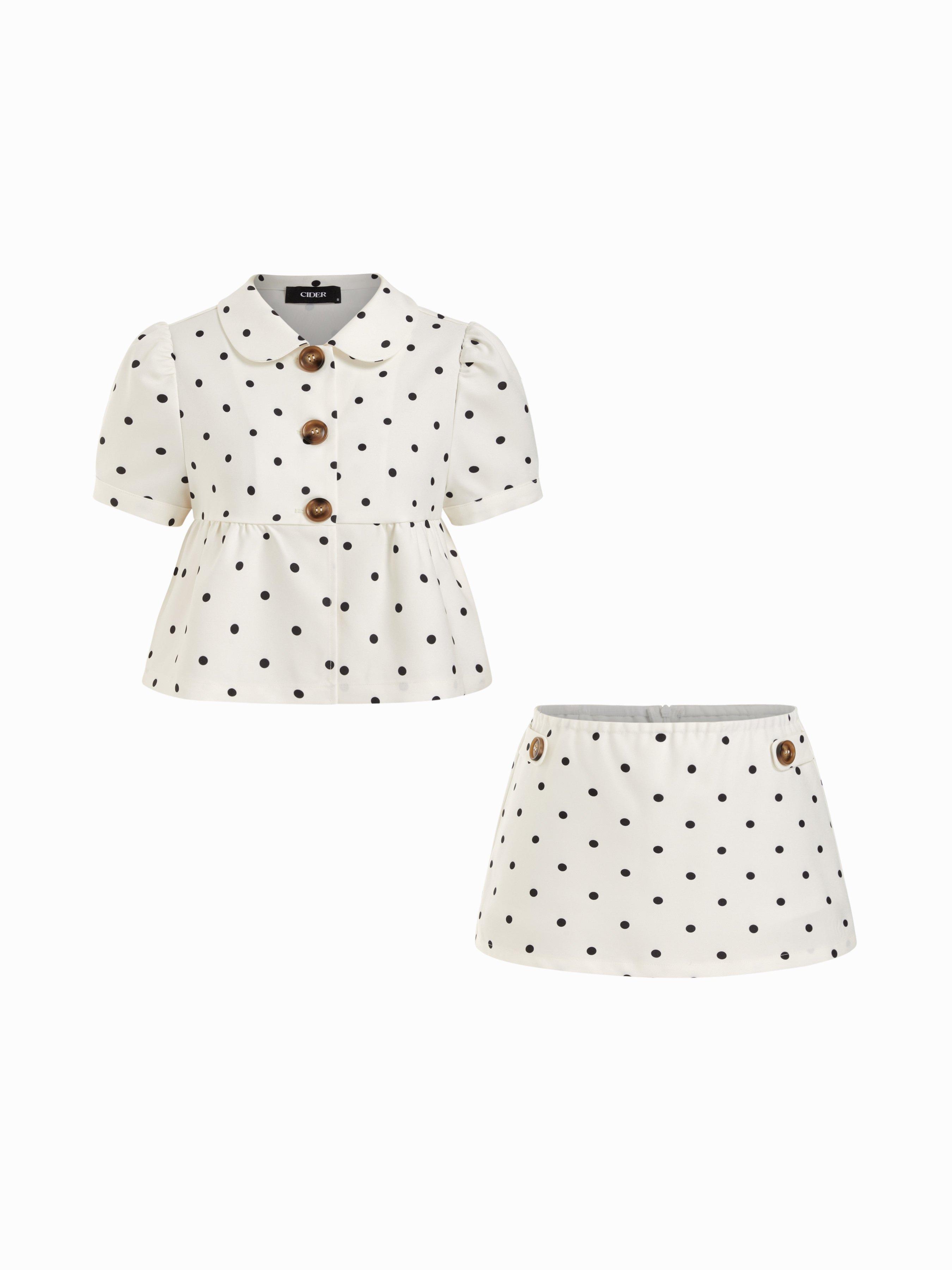 Polka Dot Peter Pan Collar Top & Low Rise A-line Mini Skirt Set by CIDER