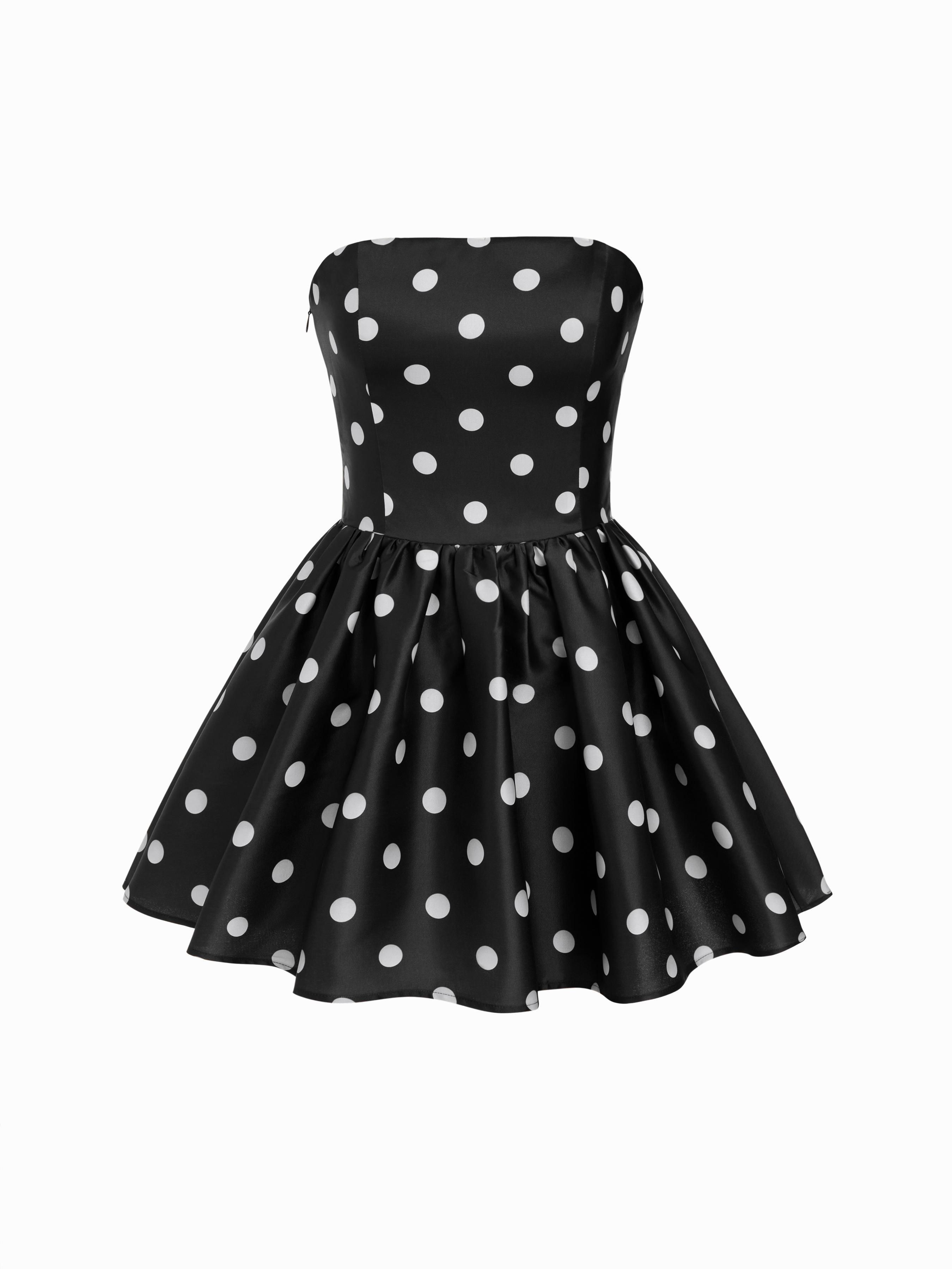 Polka Dot Ruffle Bowknot Shirred Bandeau Mini Dress by CIDER