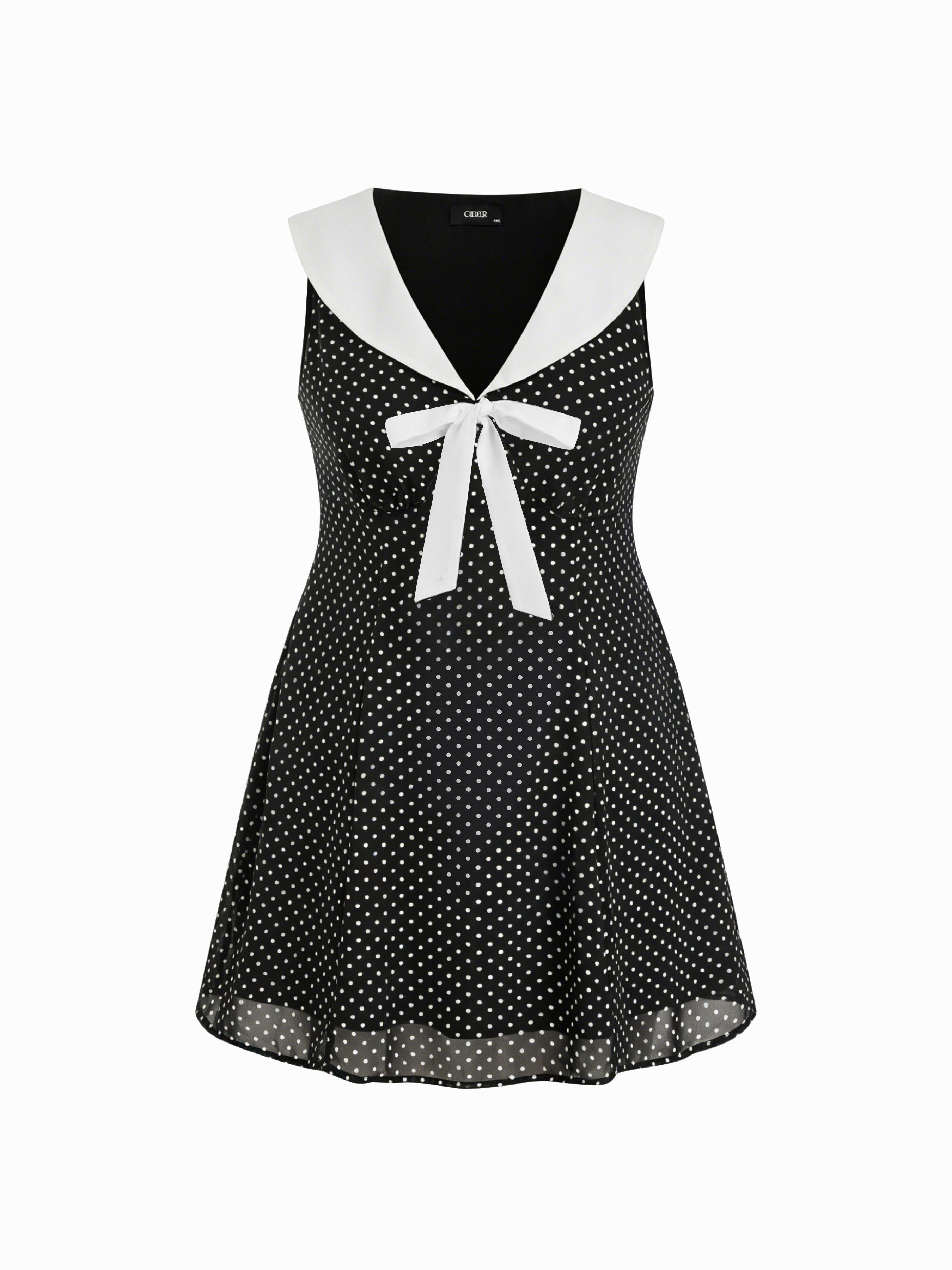 Polka Dot Sailor Collar Bowknot A-line Mini Dress Curve & Plus by CIDER