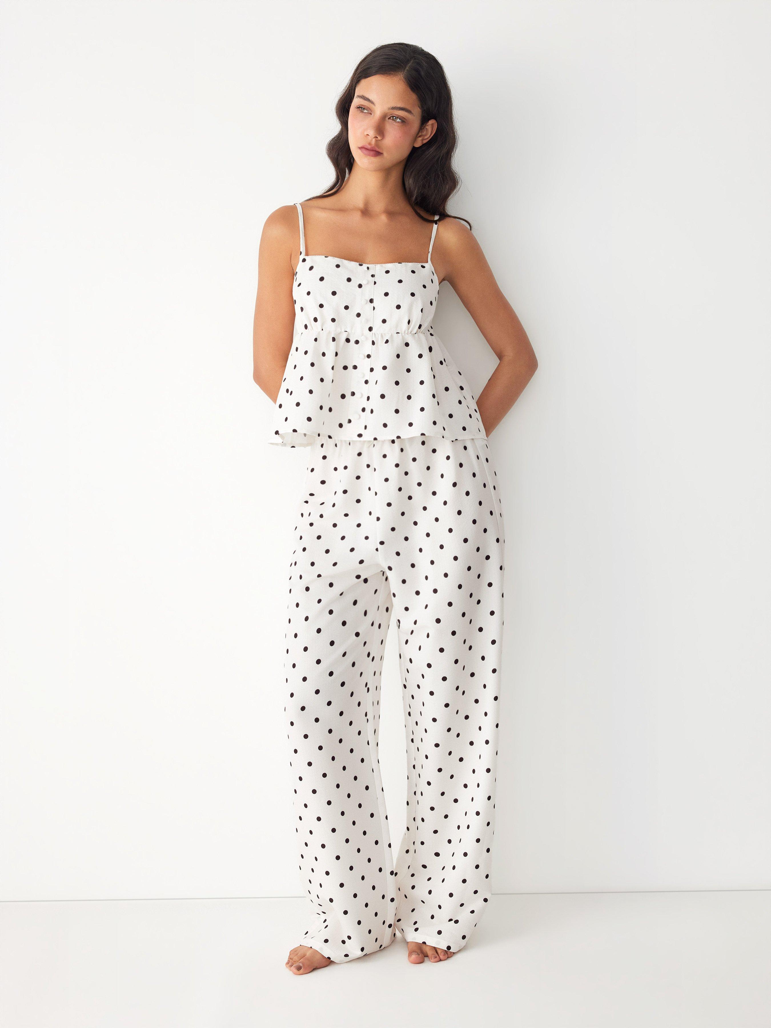 Polka Dot Square Neck Top & High Rise Bowknot Straight Trousers Loungewear Set by CIDER