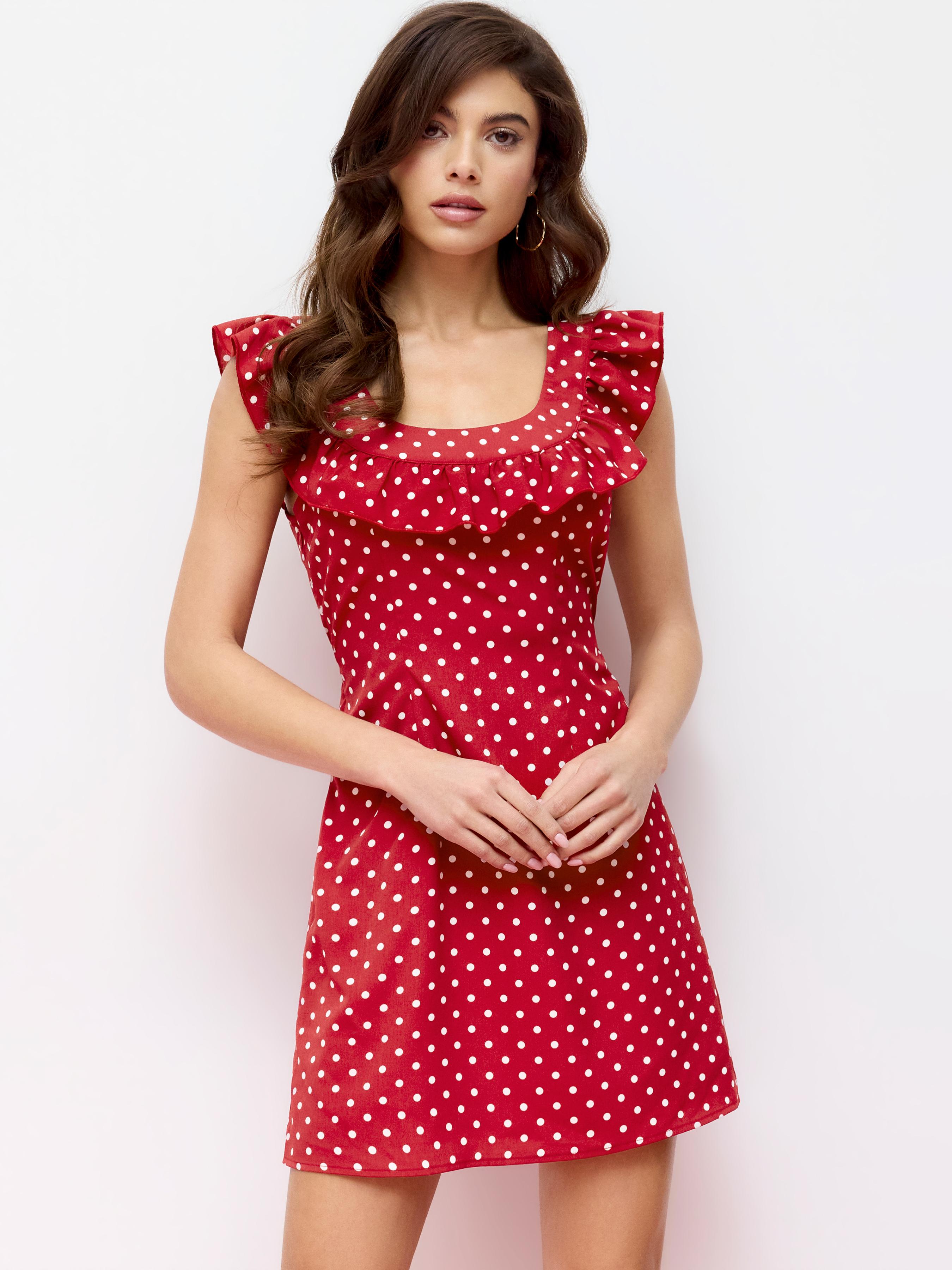 Polka Dot U-neckline Ruffled A-line Mini Dress by CIDER