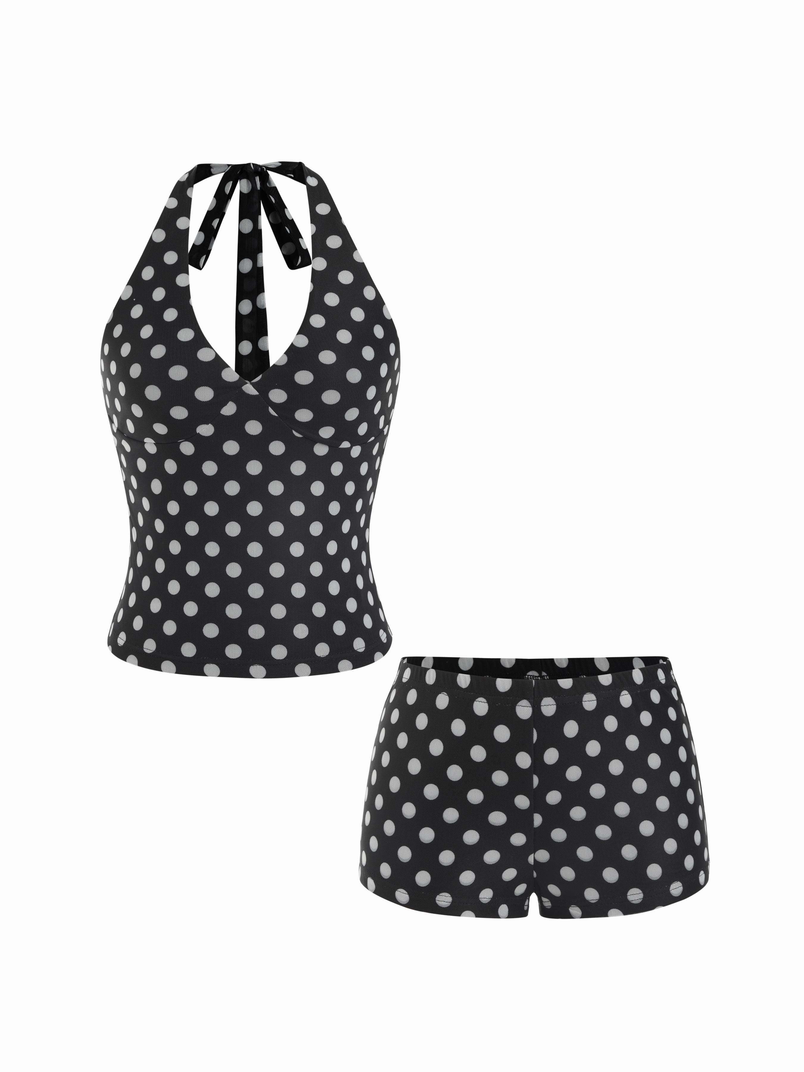 Polka Dot V-Neck Halter Top & Low Rise Micro Shorts Set by CIDER
