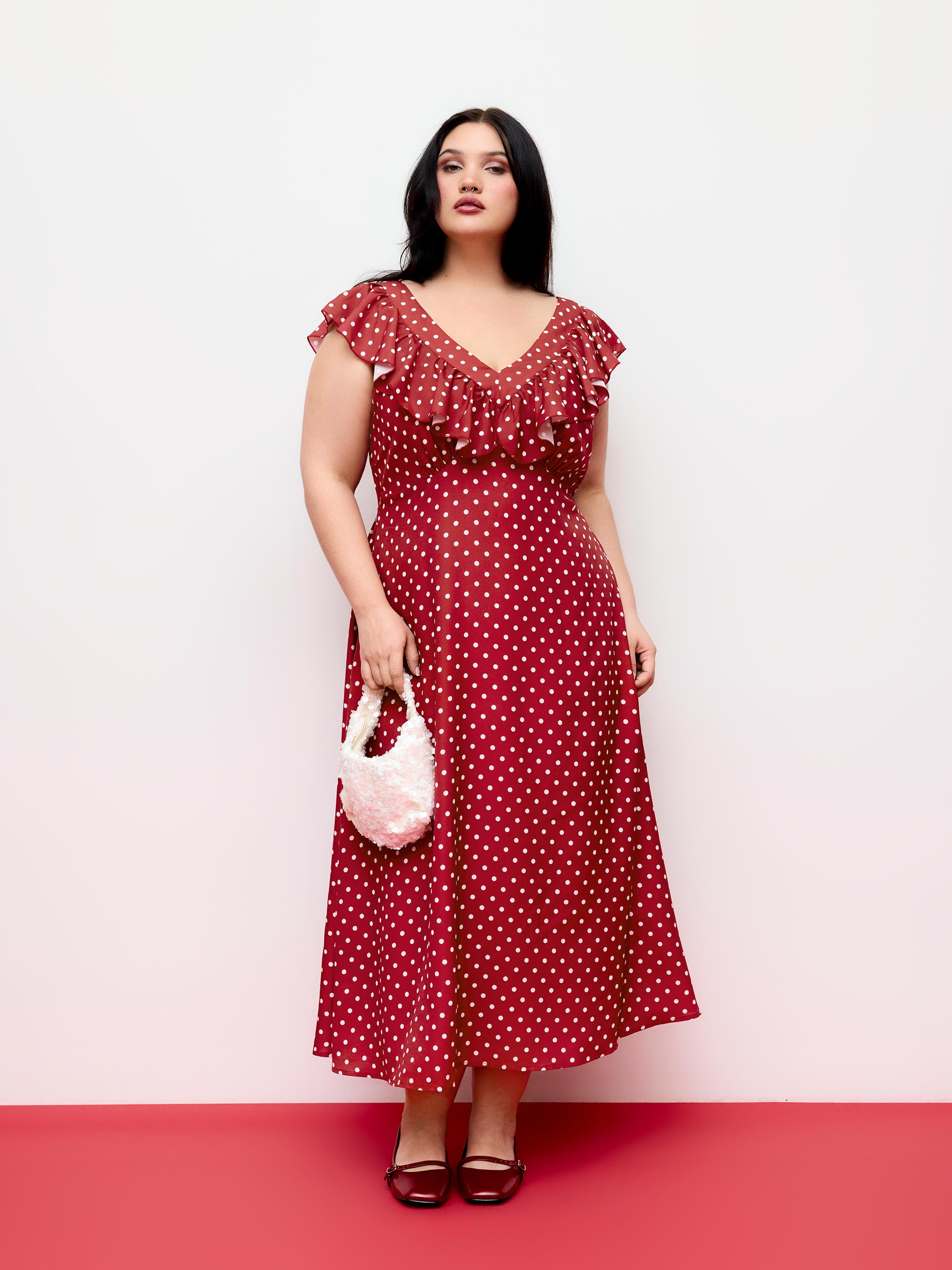 Polka Dot V-Neck Ruffled Maxi Dress Curve & Plus by CIDER