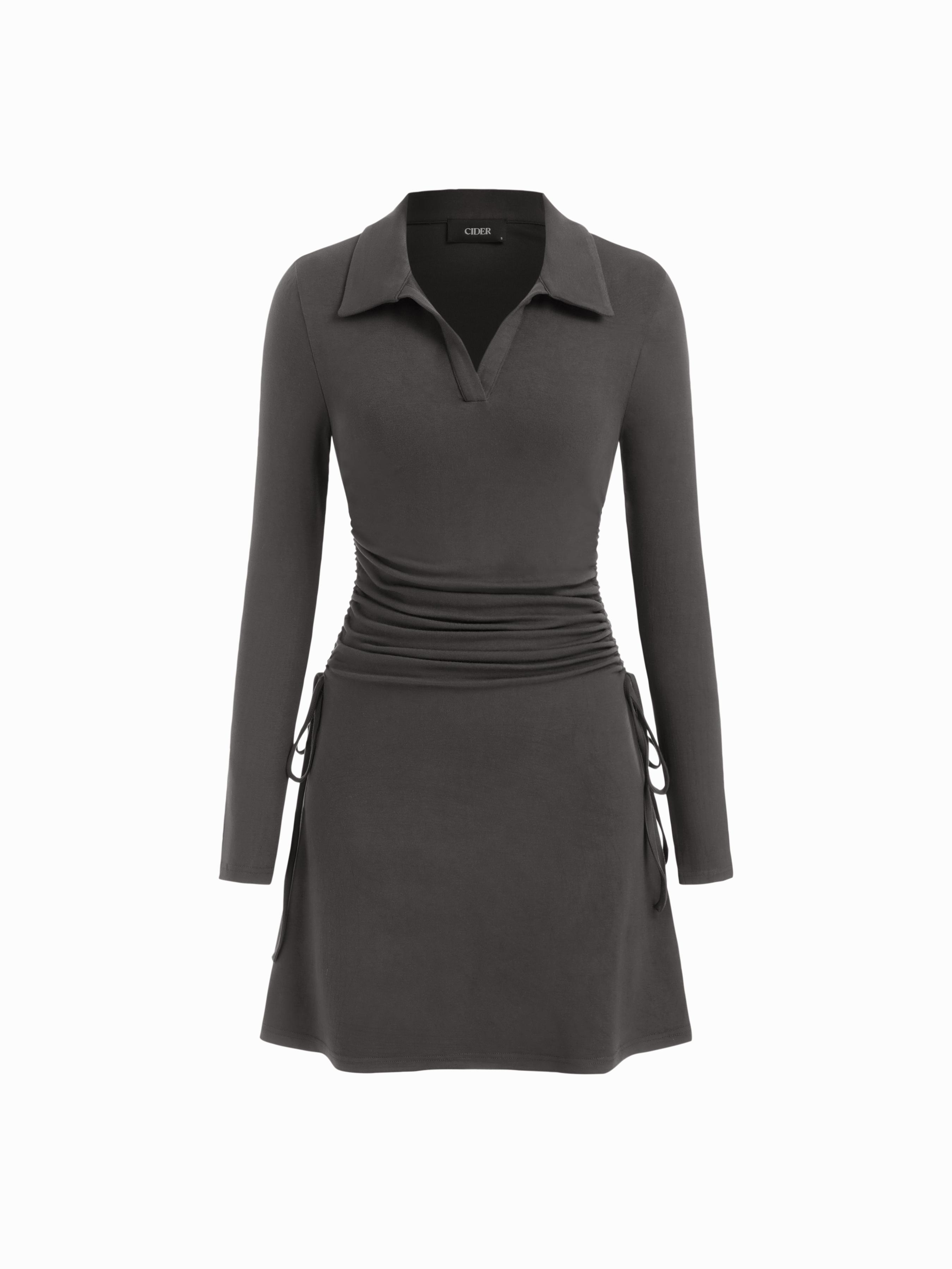 Polo Neck Drawstring Ruched Long Sleeve Mini Dress by CIDER