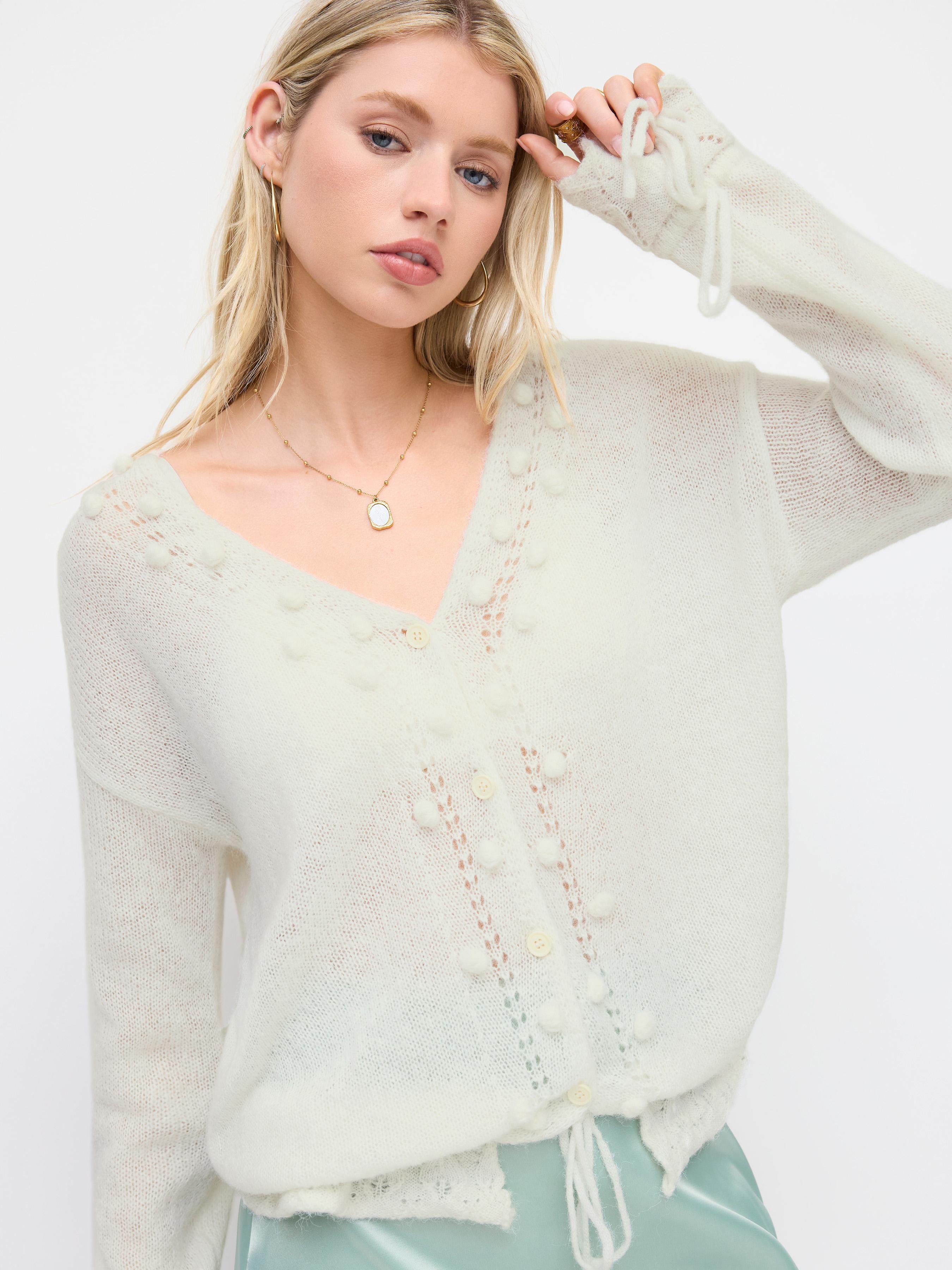 Pom Pom Knit Wool-blend Hollow Out Oversized Long Sleeve Top by CIDER