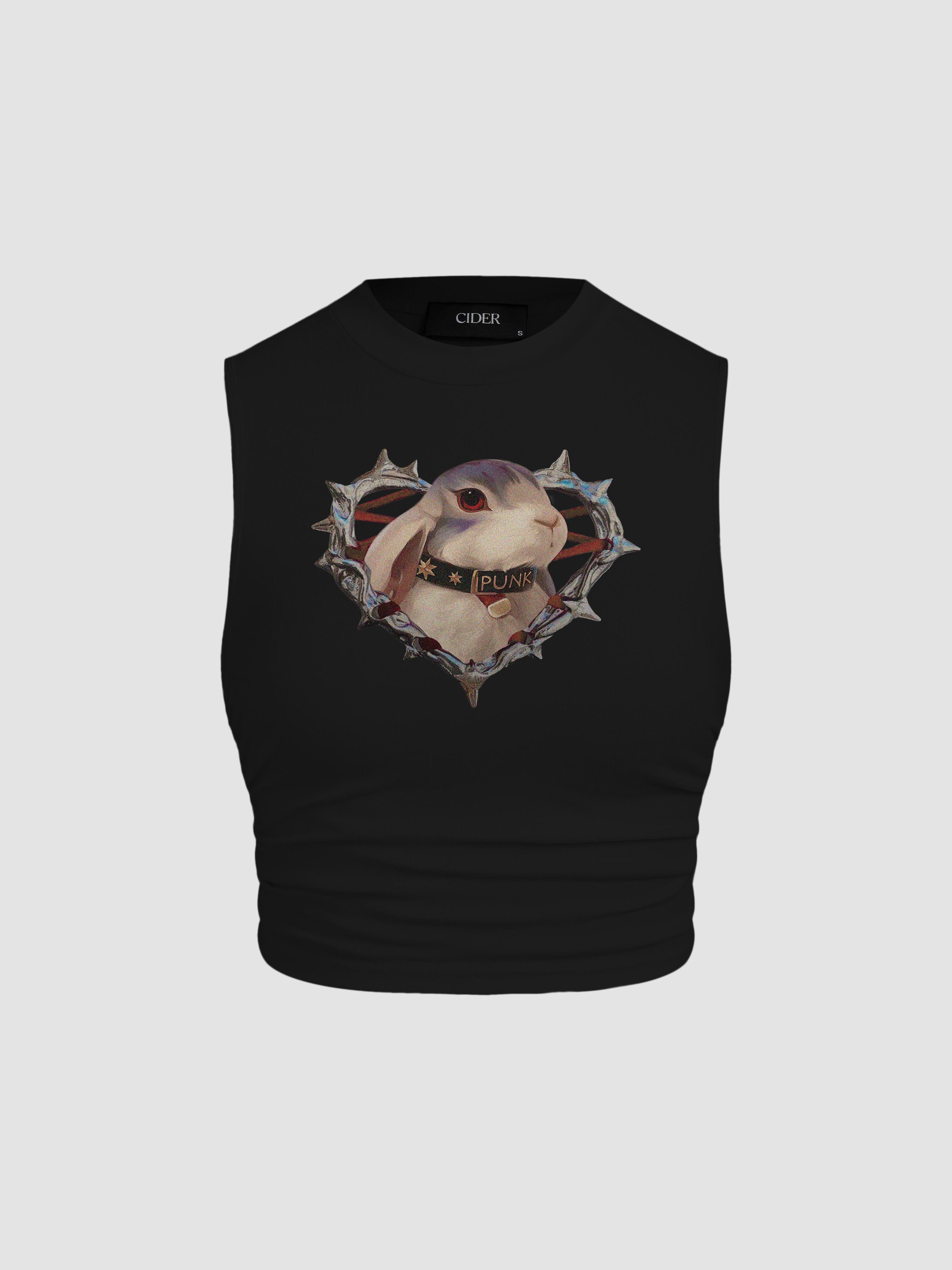 Punk Rabbit Graphic Round Neckline Ruched Crop Tank Top by CIDER
