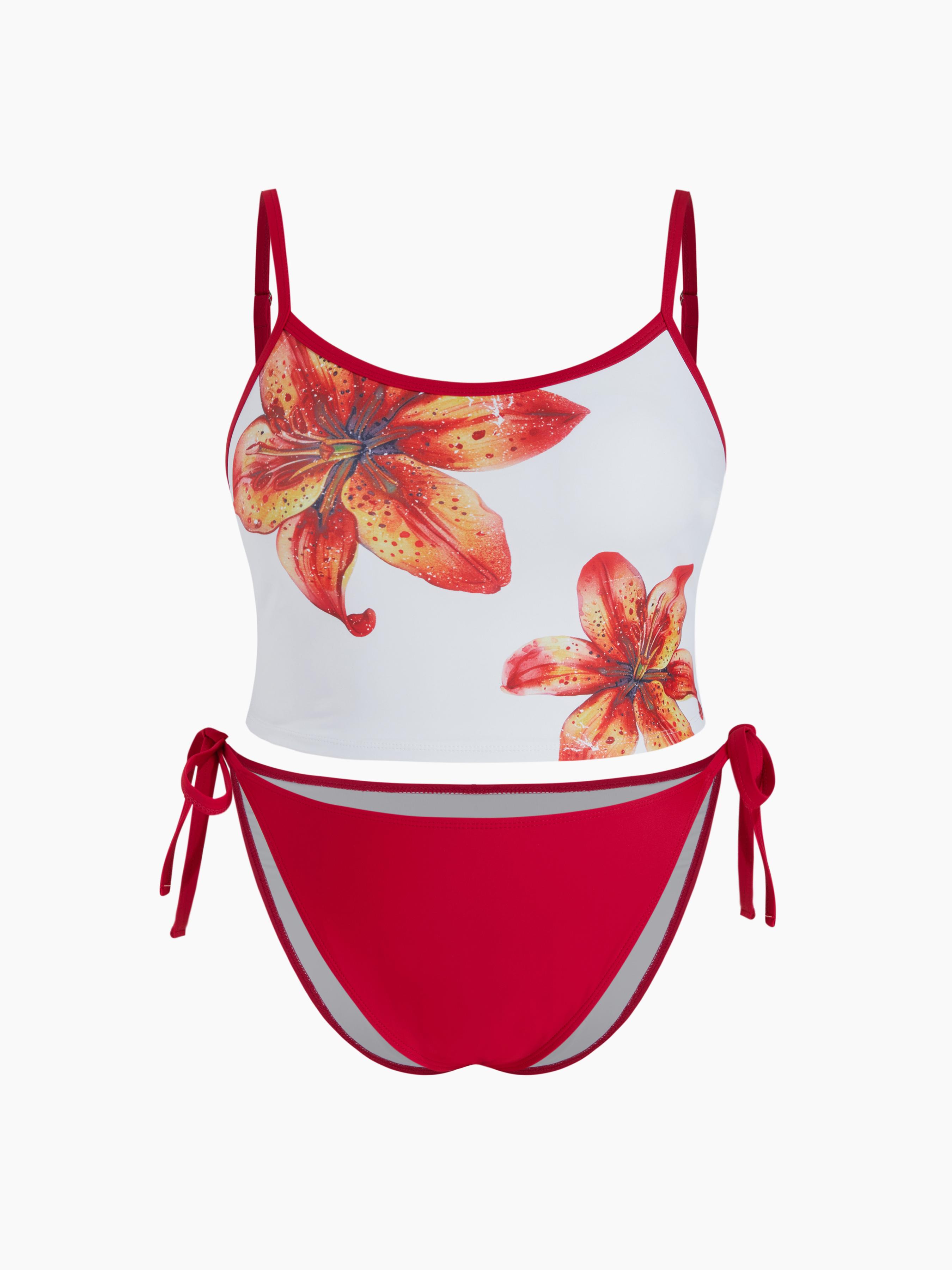 Quadratischer Hals Floral Kontrast-Binding Tankini Bikini-Set mit Seidenbändern Kurve & Plus by CIDER