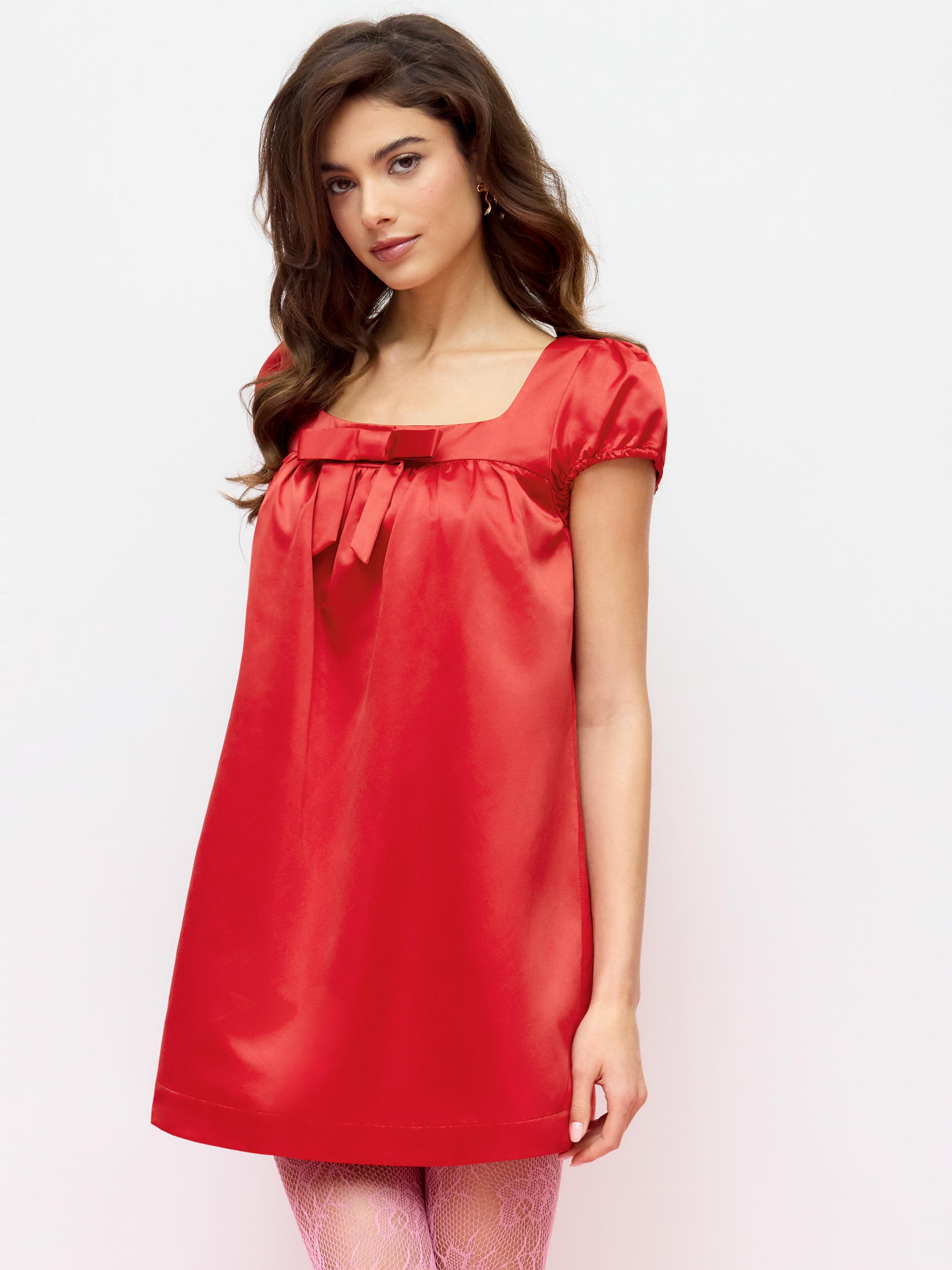 Quadratischer Hals mit Schleife, gekräuselte Ballonsärmel, übergrößertes Babydoll-Mini-Kleid by CIDER