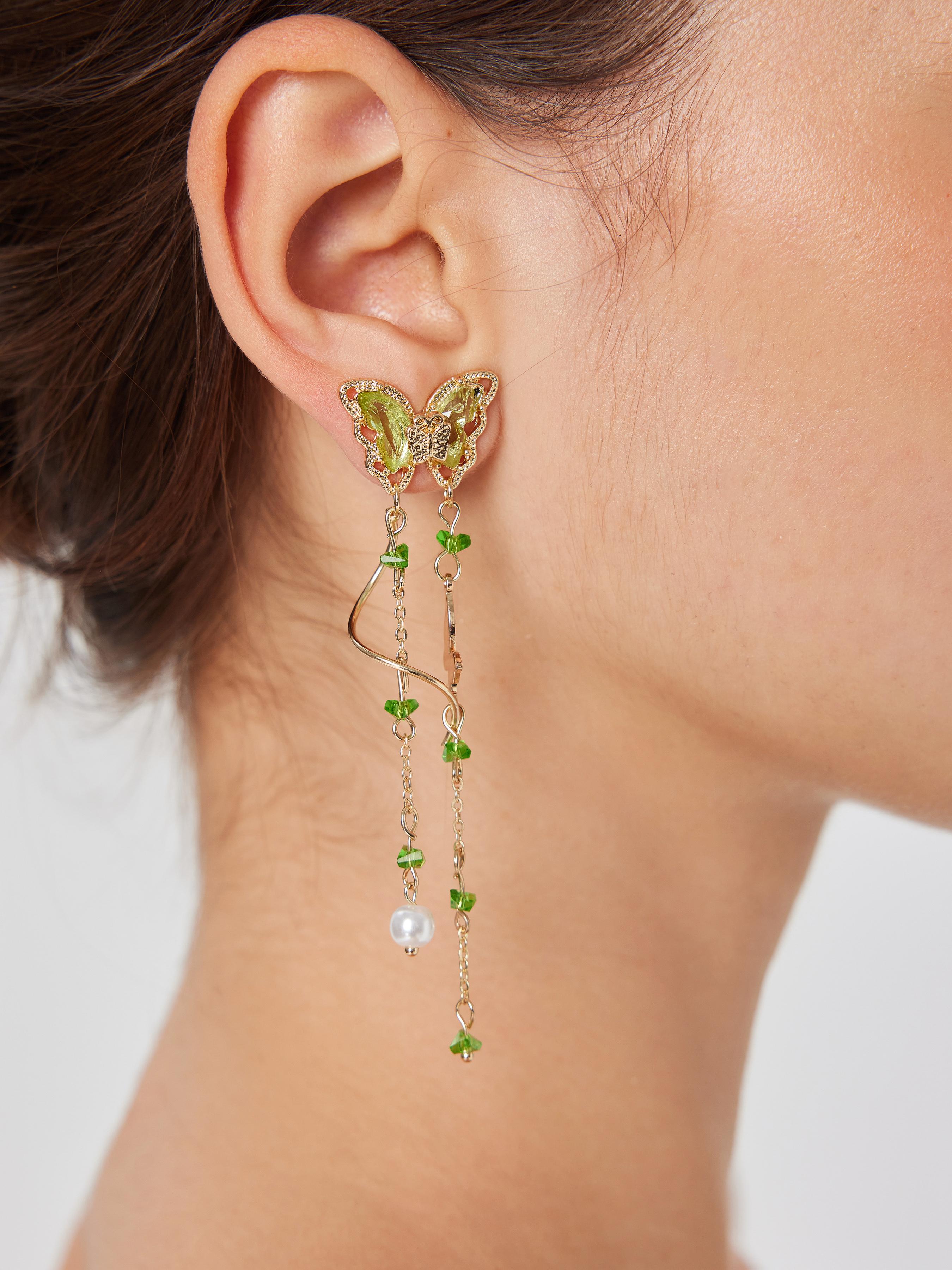 RHINESTONE DECOR BUTTERFLY FAUX PEARL TASSEL EARRINGS by CIDER