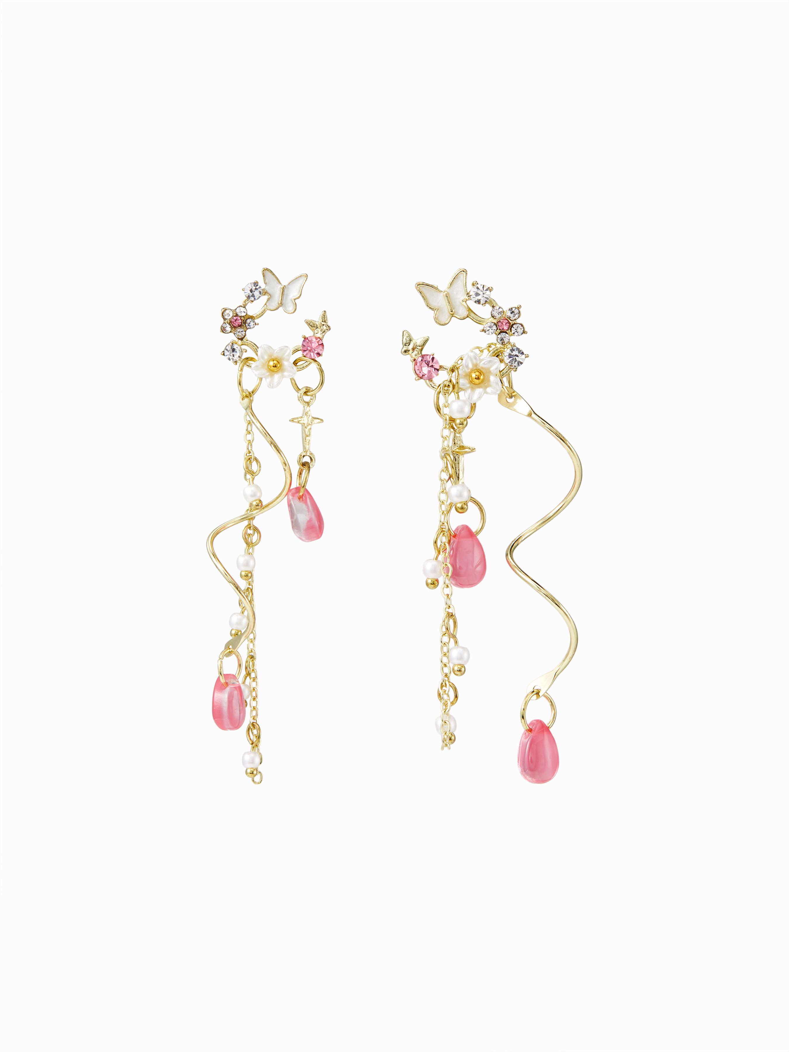 RHINESTONE DECOR FLOWER & BUTTERFLY & FAUX PEARL DROP EARRINGS by CIDER