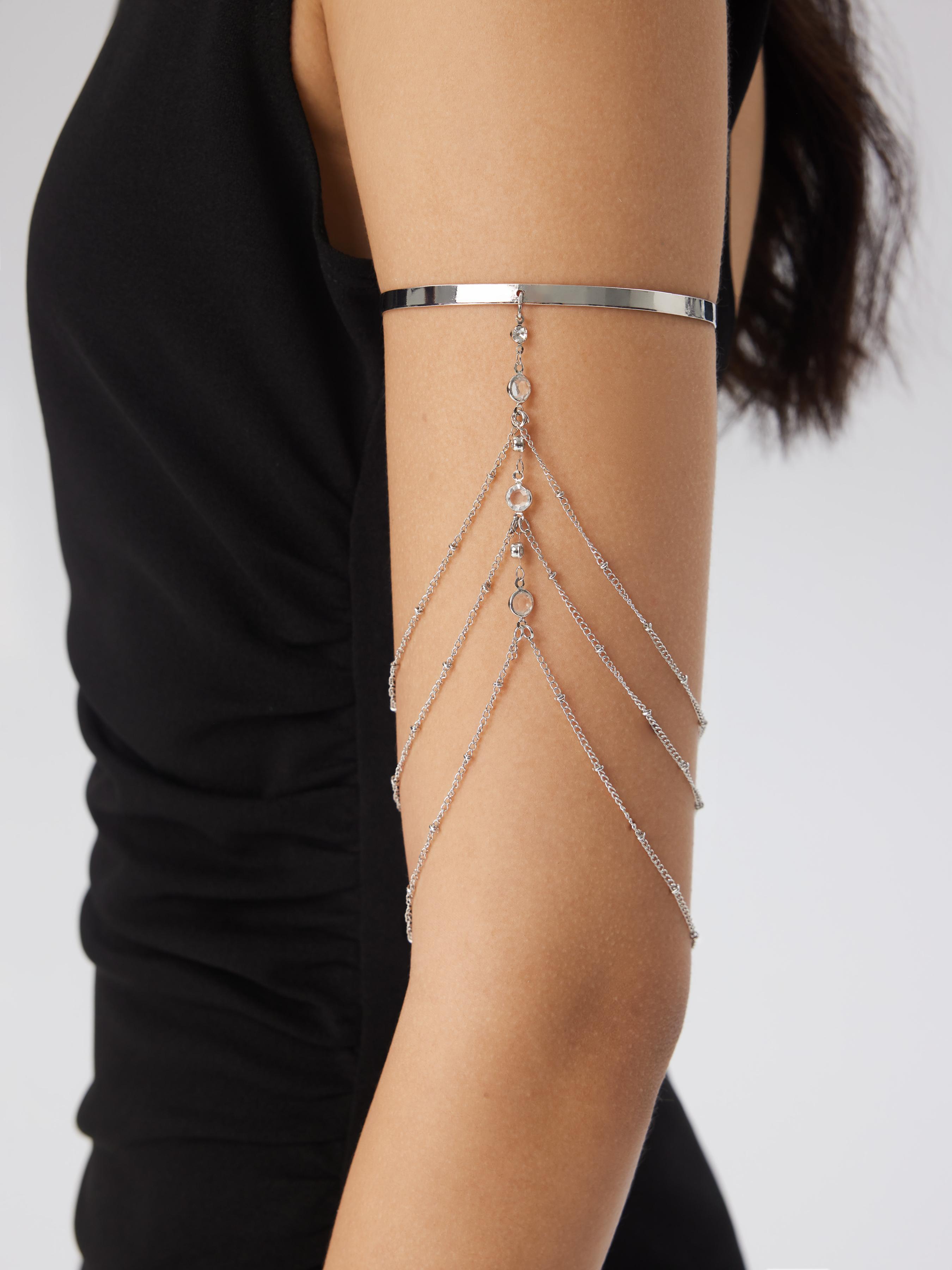 RHINESTONE DECOR MULTI-LAYERED CHAIN OPEN ARM CUFF by CIDER