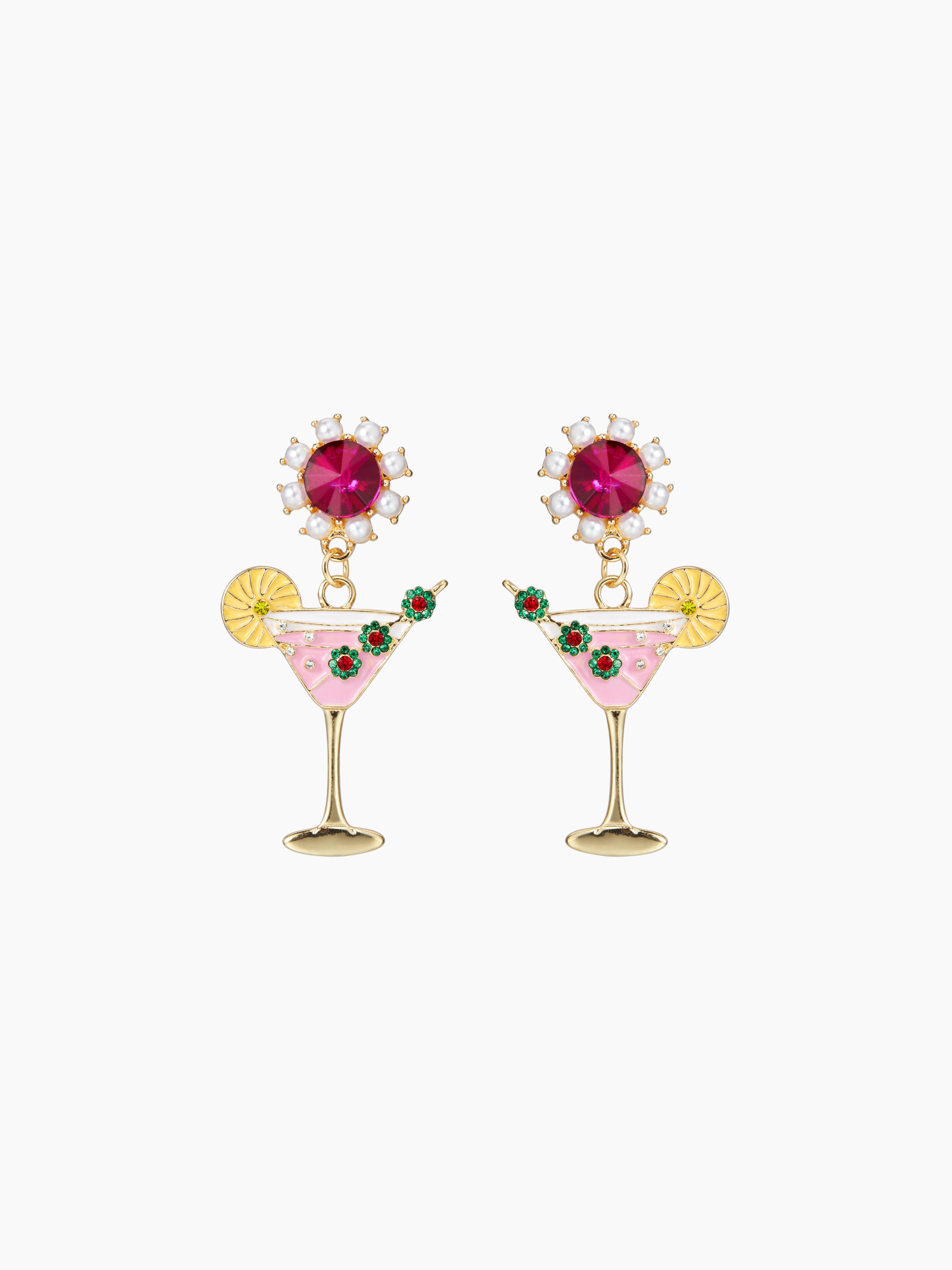 RHINESTONE & FAUX PEARL DECOR FLORAL &  LEMON COCKTAIL DROP EARRINGS by CIDER