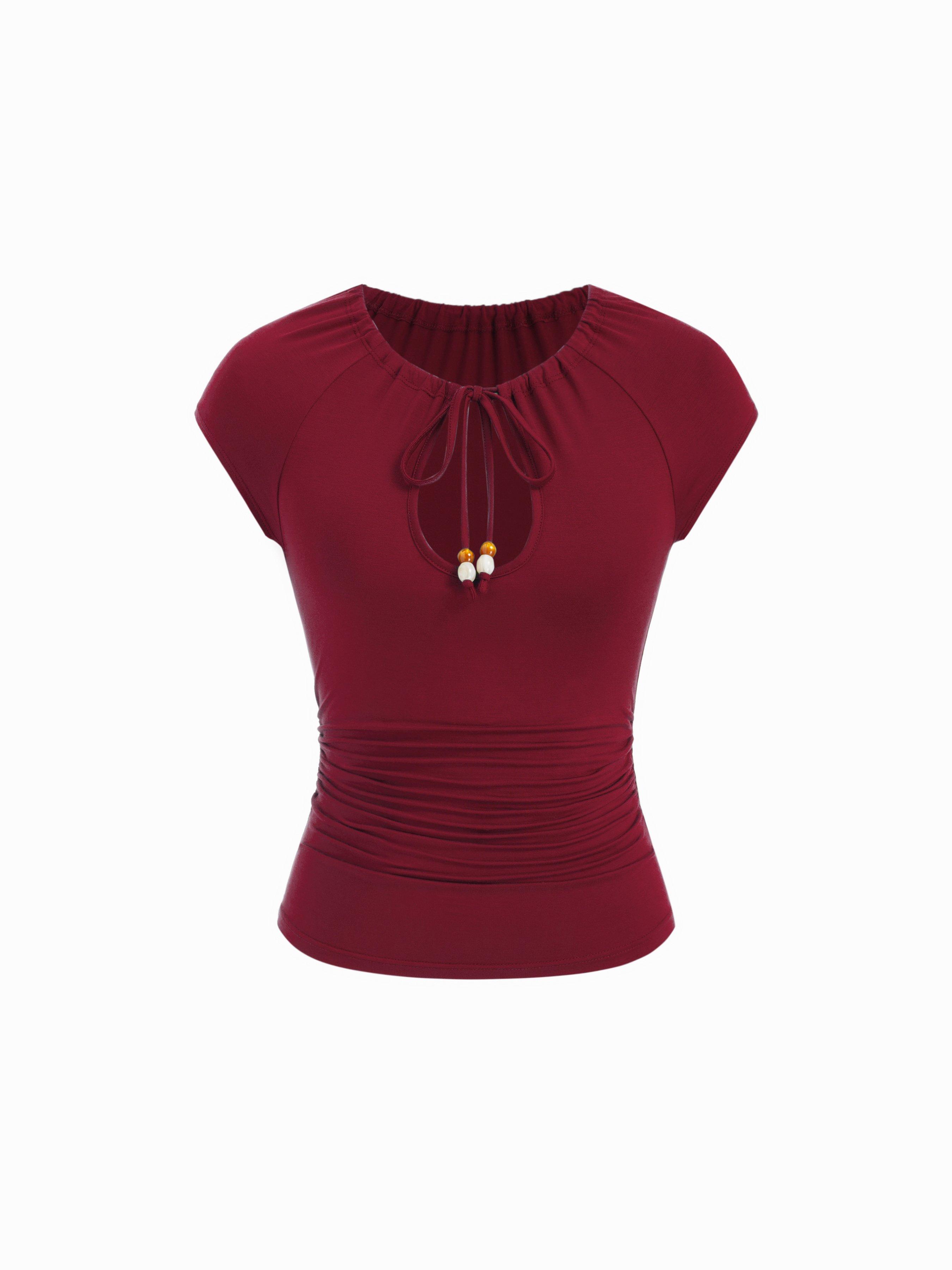 Raglan Sleeve Drawstring Scoop Neck Metallic Decor Tee by CIDER