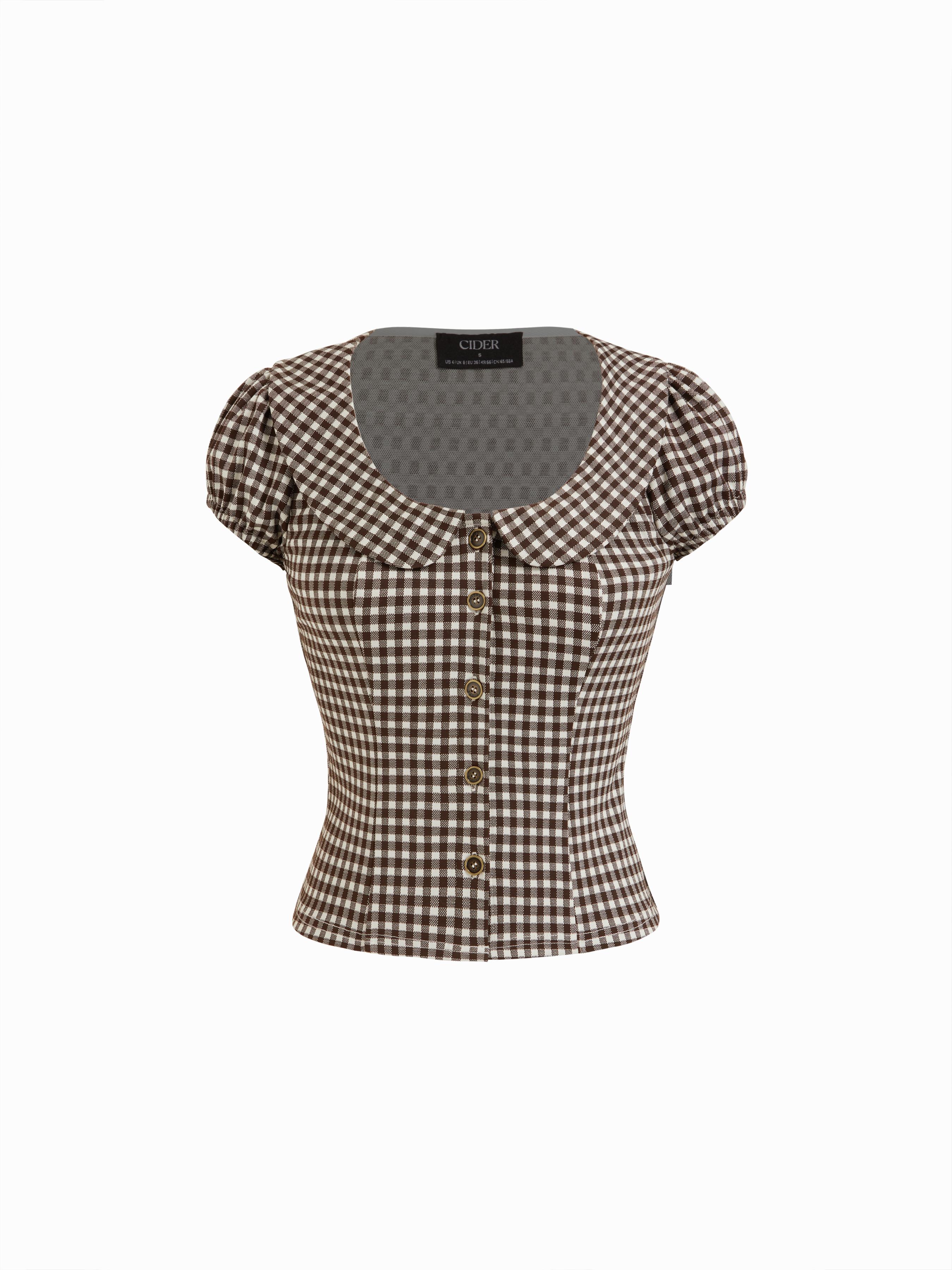 Red Gingham Peter Pan Collar Puff Sleeve Crop Blouse by CIDER