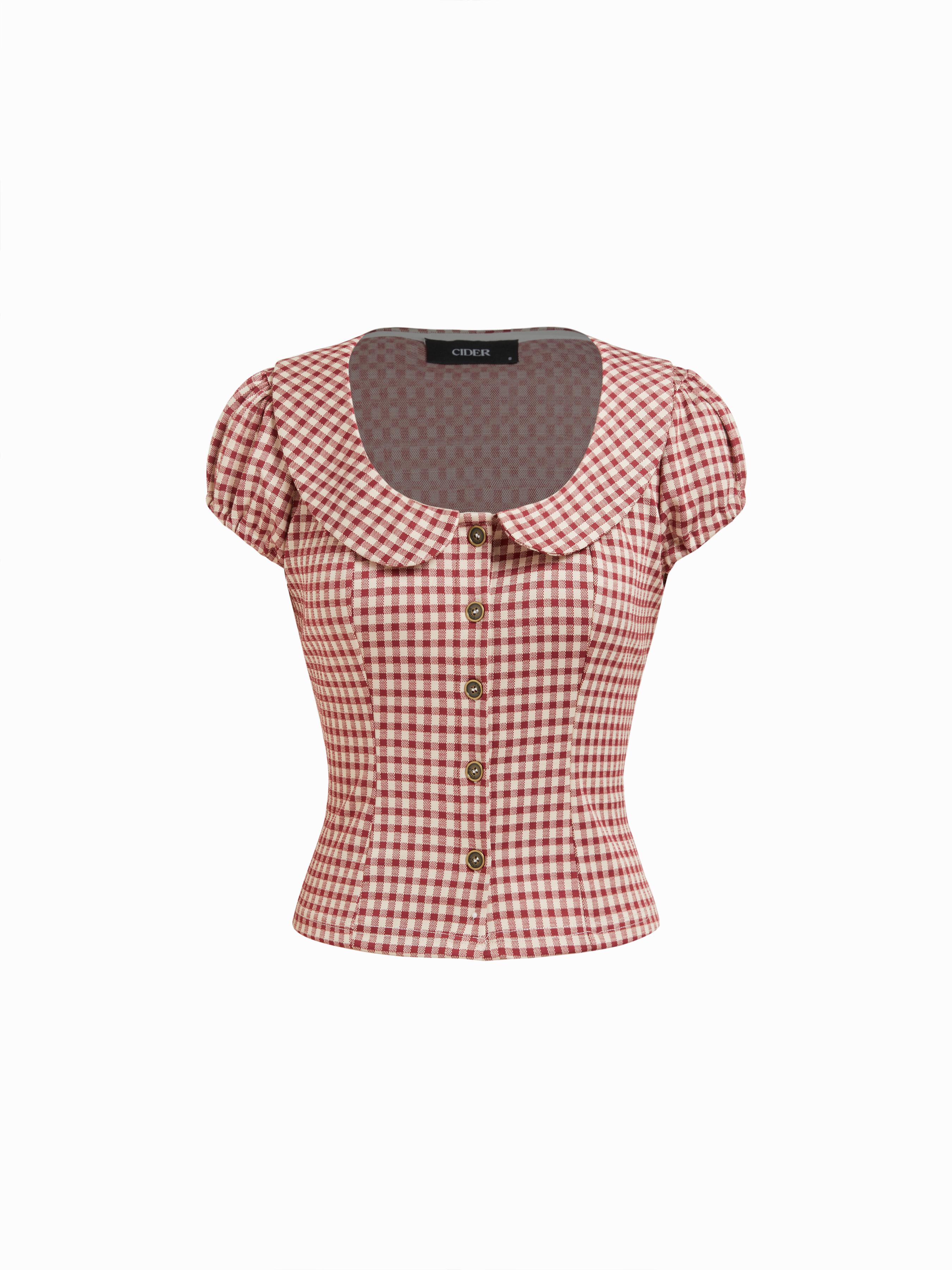 Red Gingham Peter Pan Collar Puff Sleeve Crop Blouse by CIDER