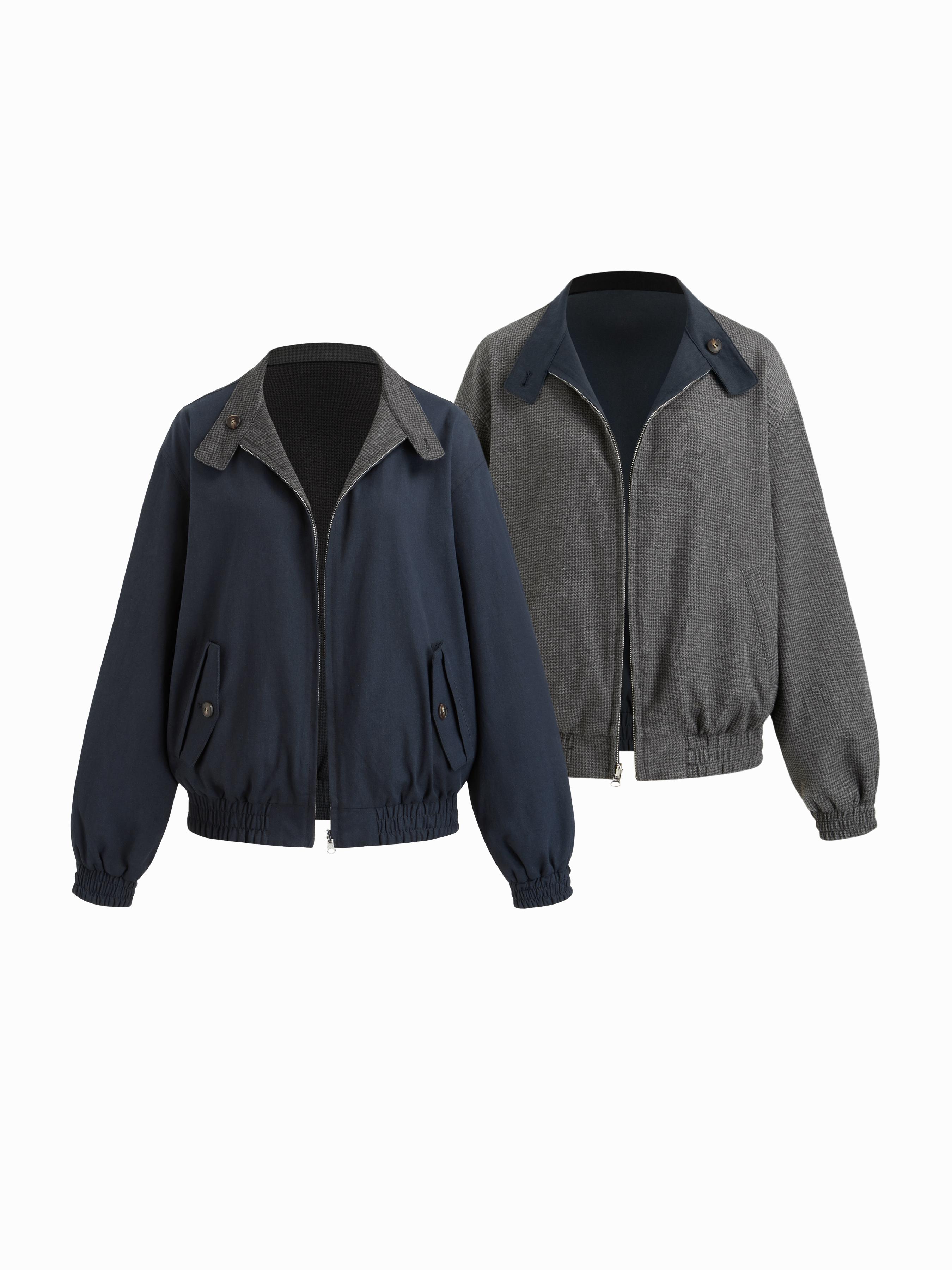 Reversible Cotton-blend Stand Collar Houndstooth Oversized Bomber Jacket by CIDER