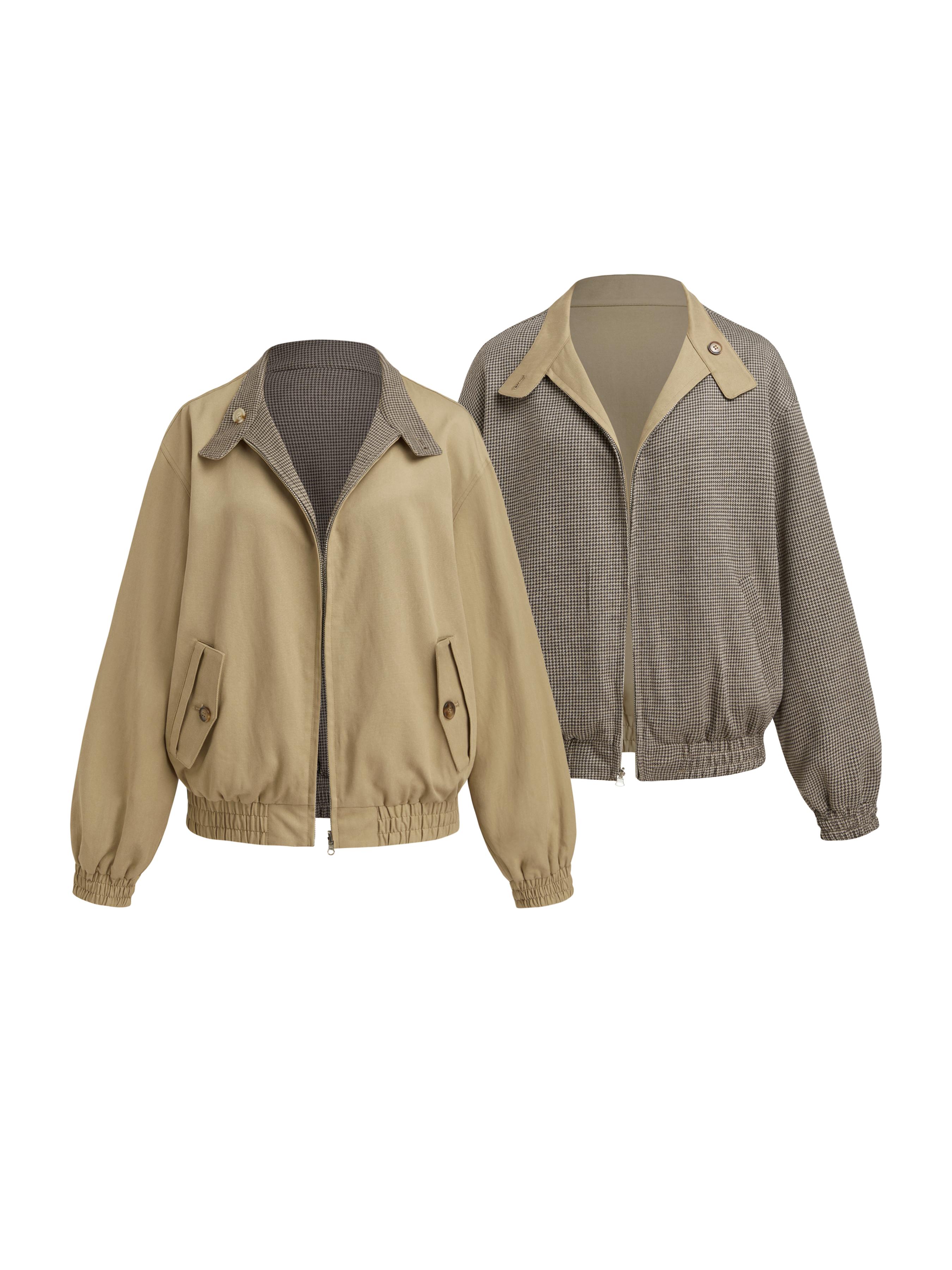 Reversible Cotton-blend Stand Collar Houndstooth Oversized Bomber Jacket by CIDER