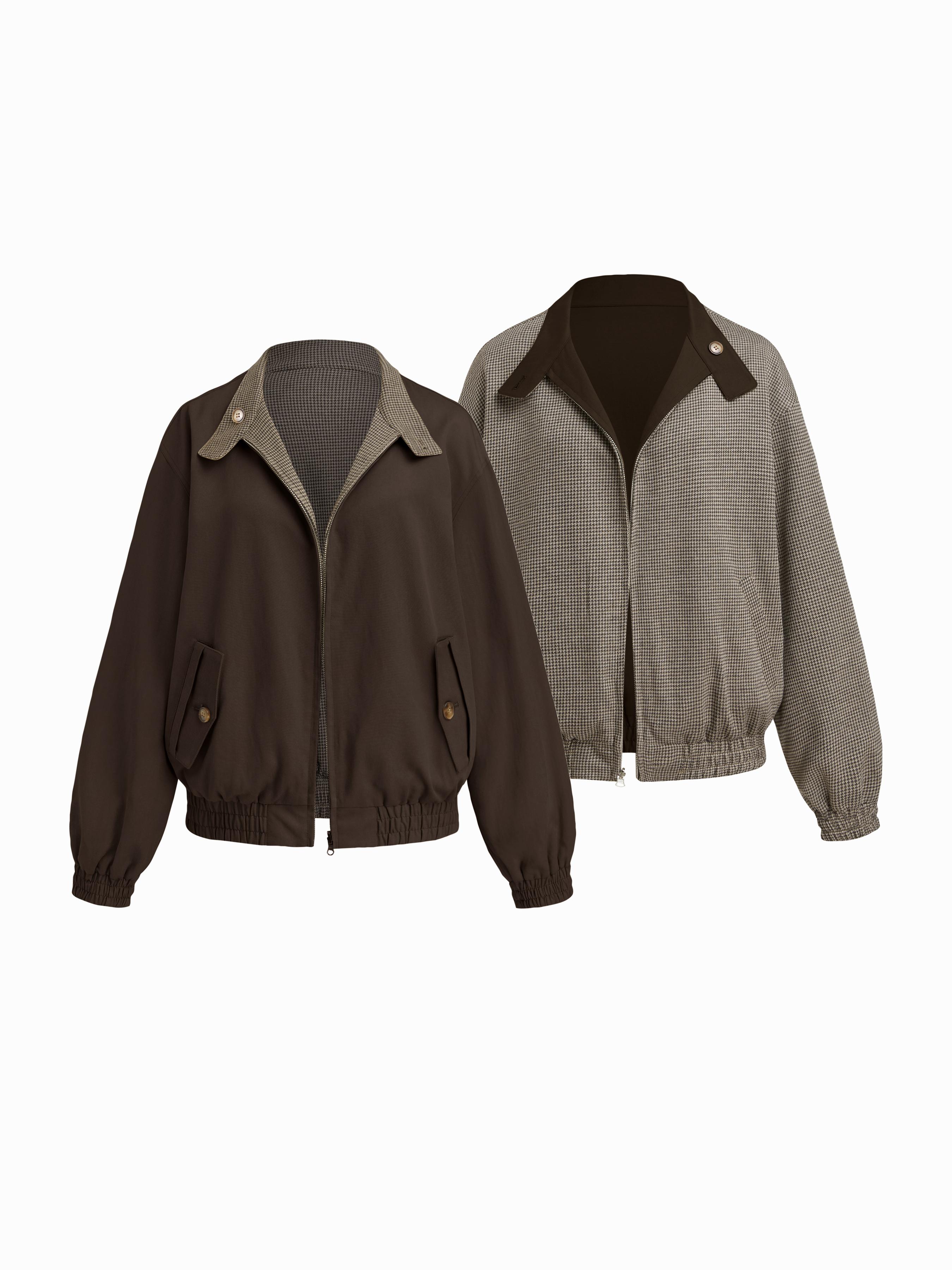 Reversible Cotton-blend Stand Collar Houndstooth Oversized Bomber Jacket by CIDER