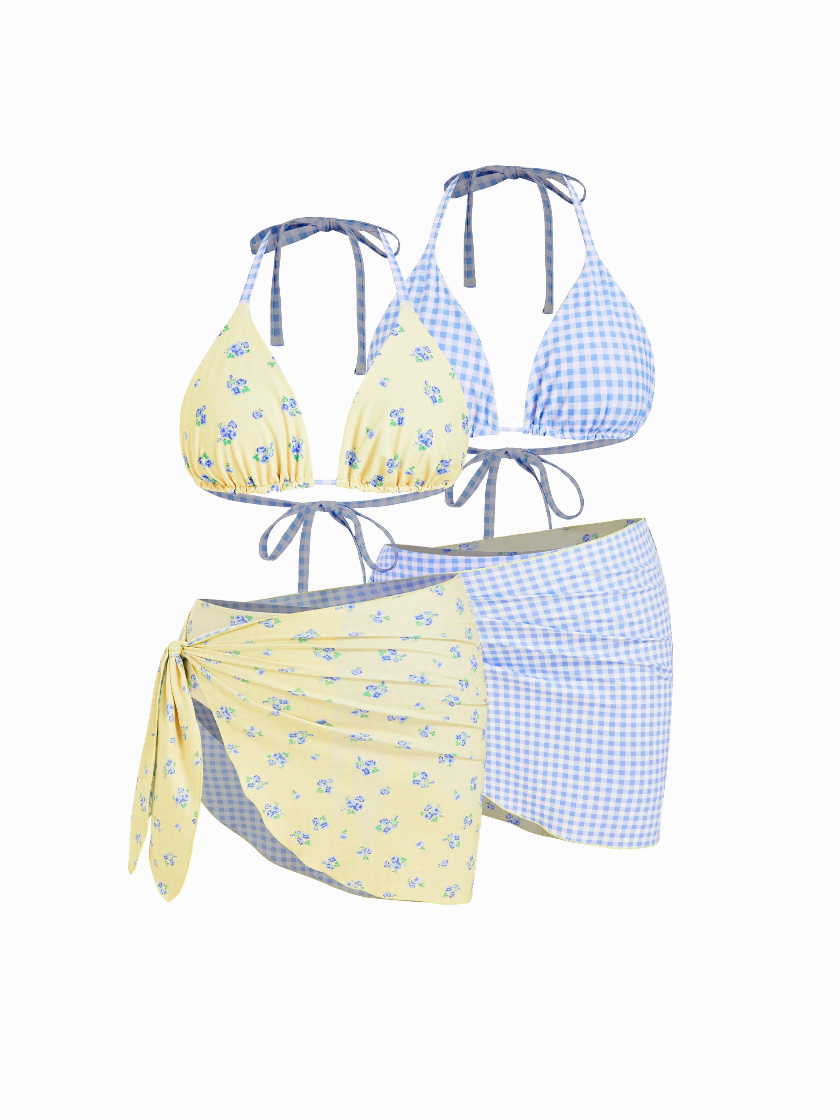 Reversible Halter Neckline Floral & Gingham Triangle Bikini Set With Sarong Curve & Plus by CIDER