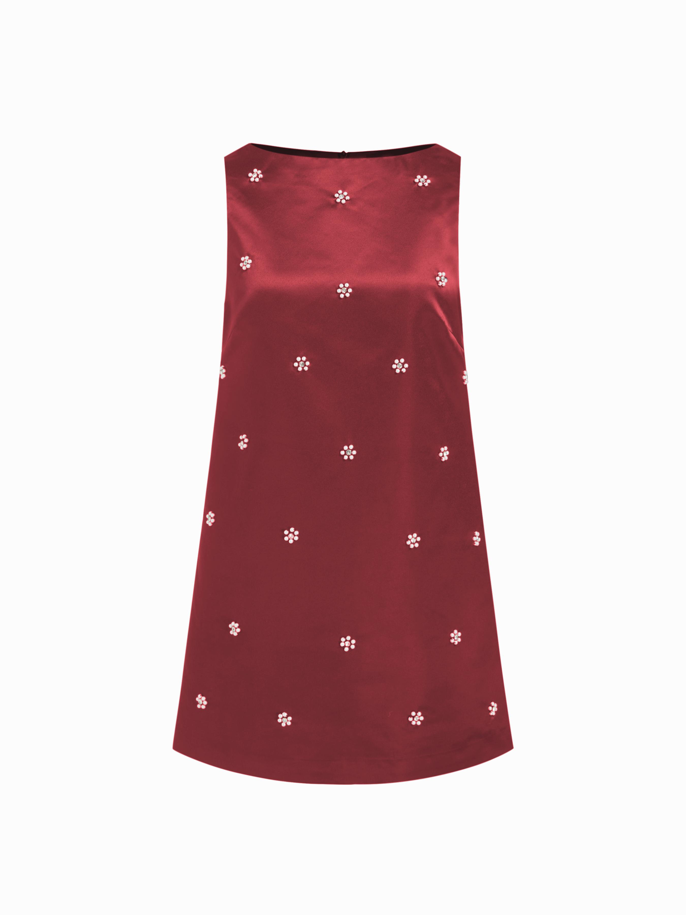 Rhinestone Boat Neck Floral Zip Through Sleeveless Mini Dress by CIDER
