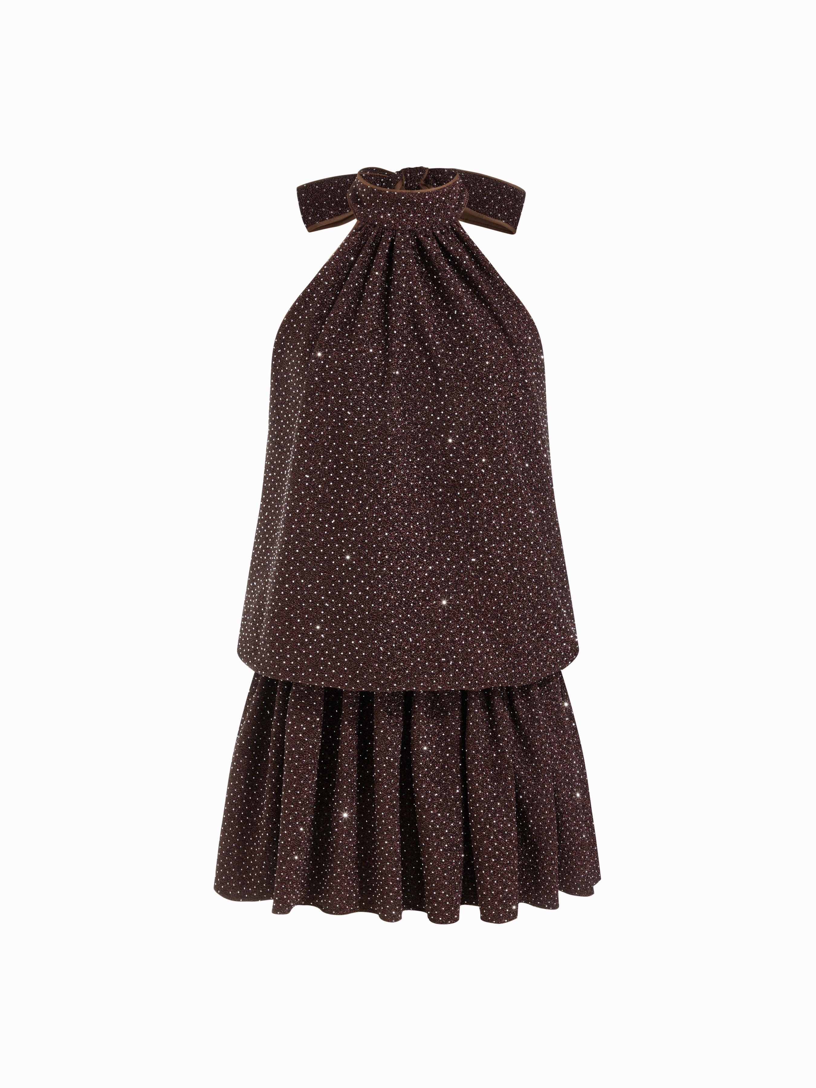 Rhinestone Halter Neck Ruffle Hem Bowknot Mini Dress by CIDER