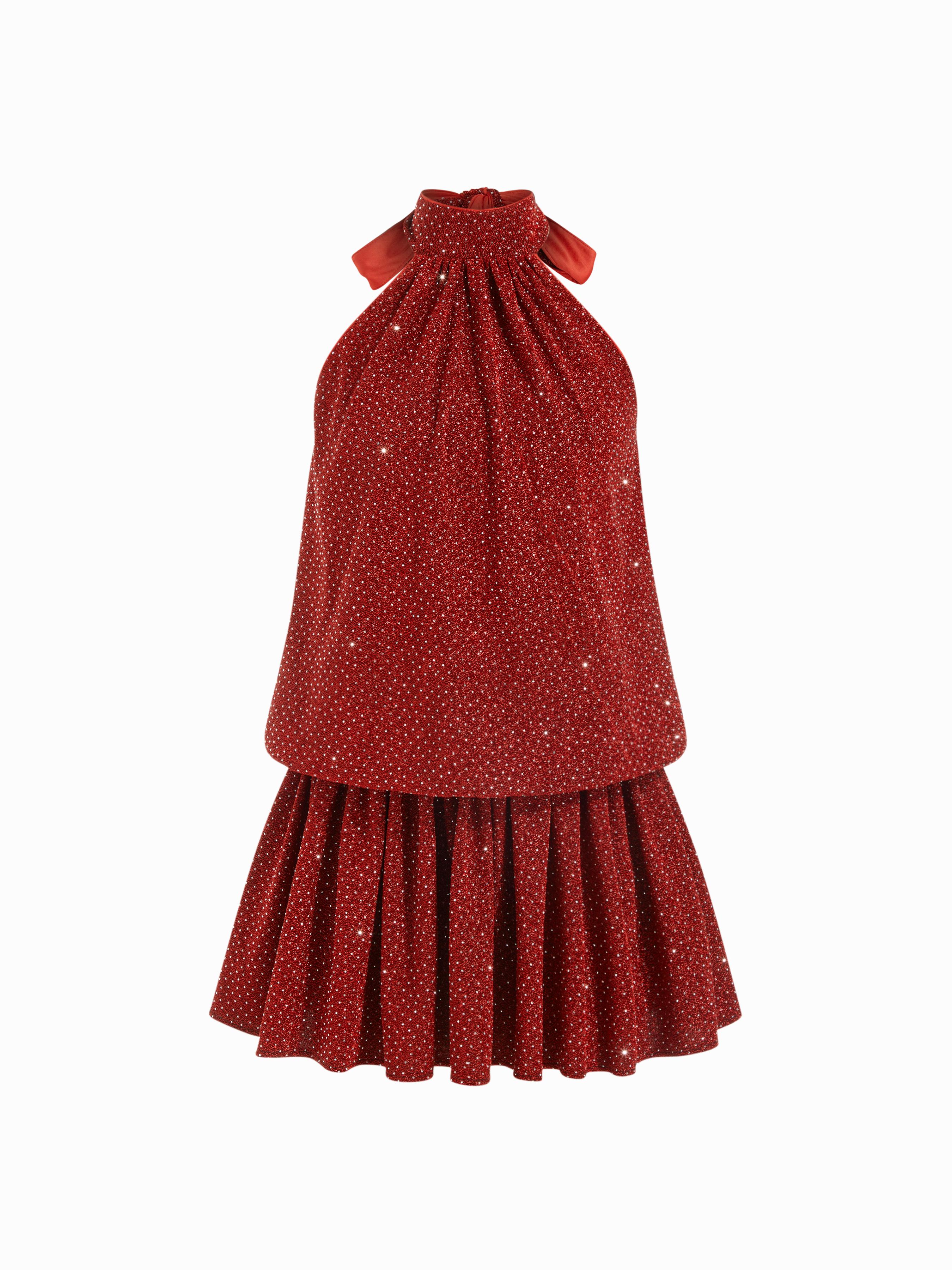 Rhinestone Halter Neck Ruffle Hem Bowknot Mini Dress by CIDER