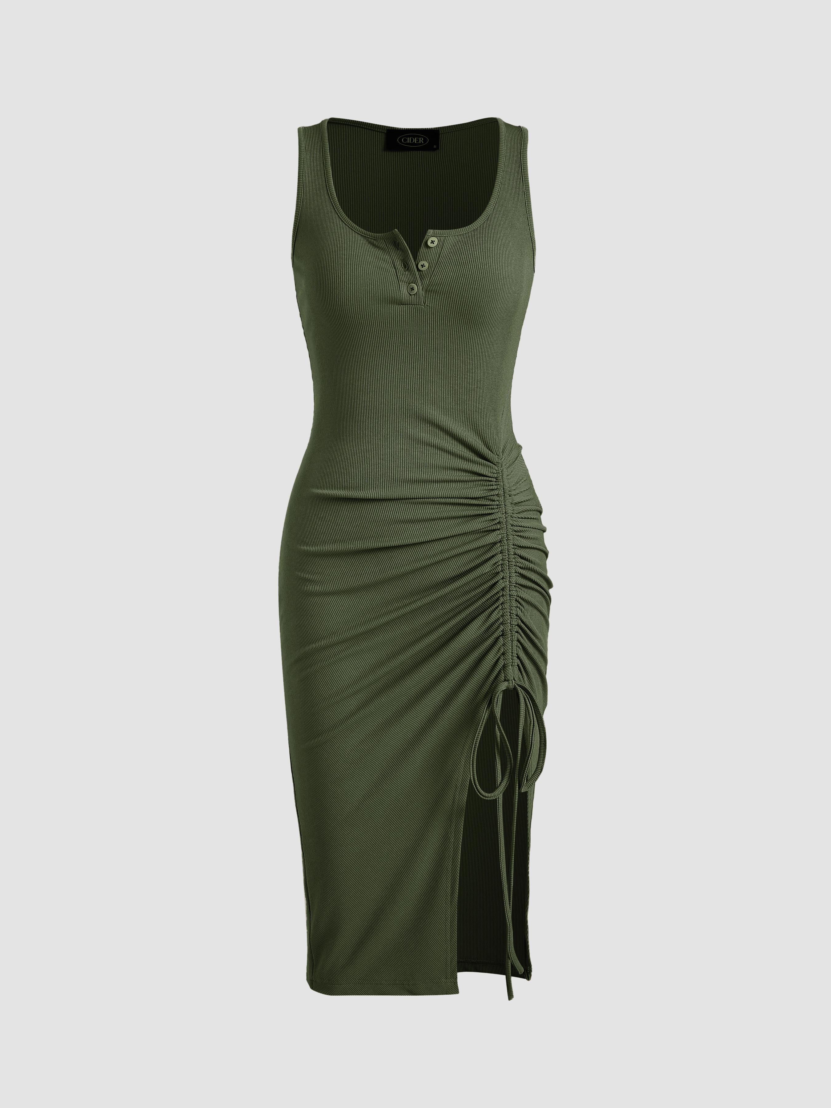 Rib Button Drawstring Midi Dress by CIDER