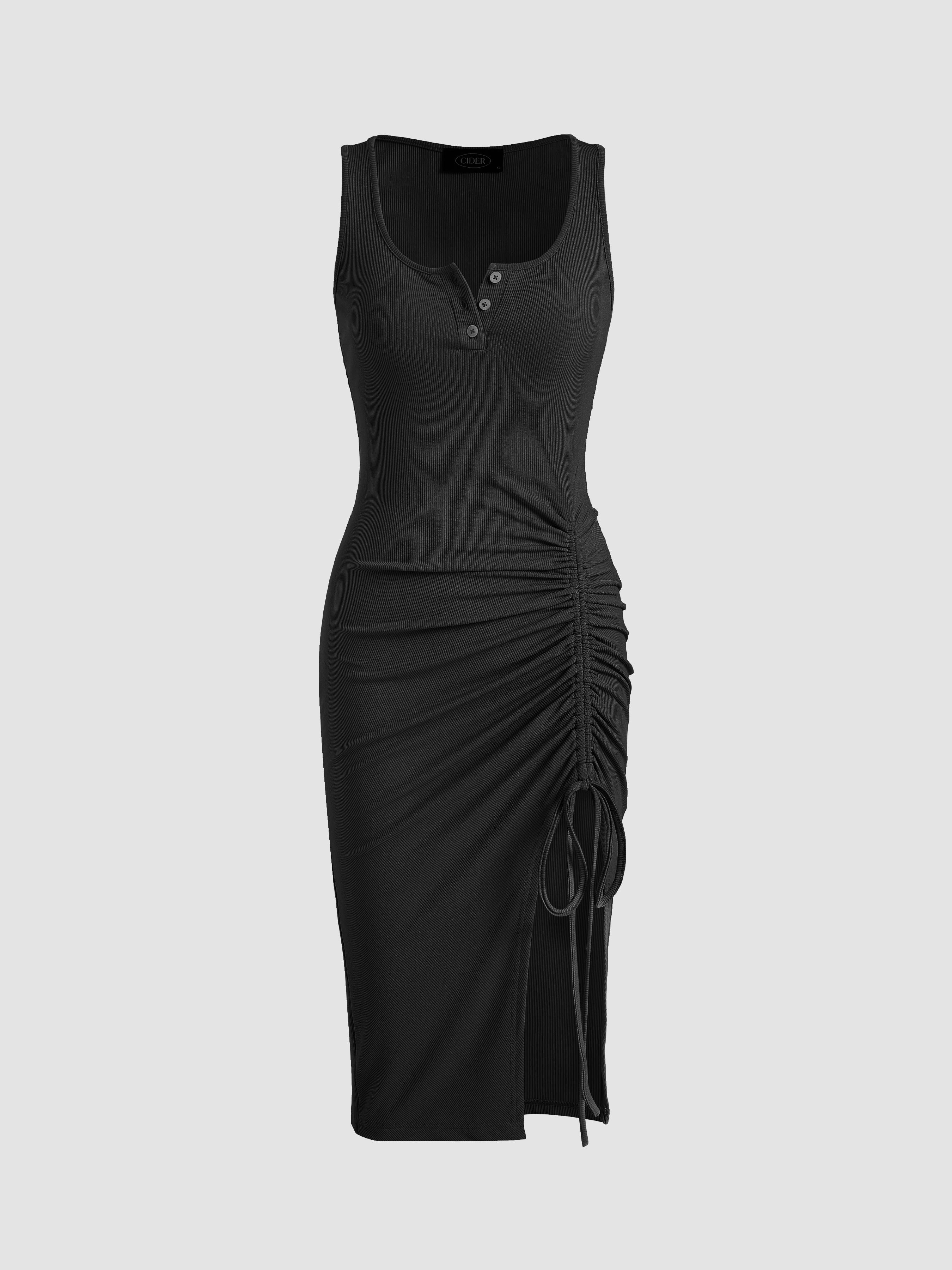Rib Button Drawstring Midi Dress by CIDER
