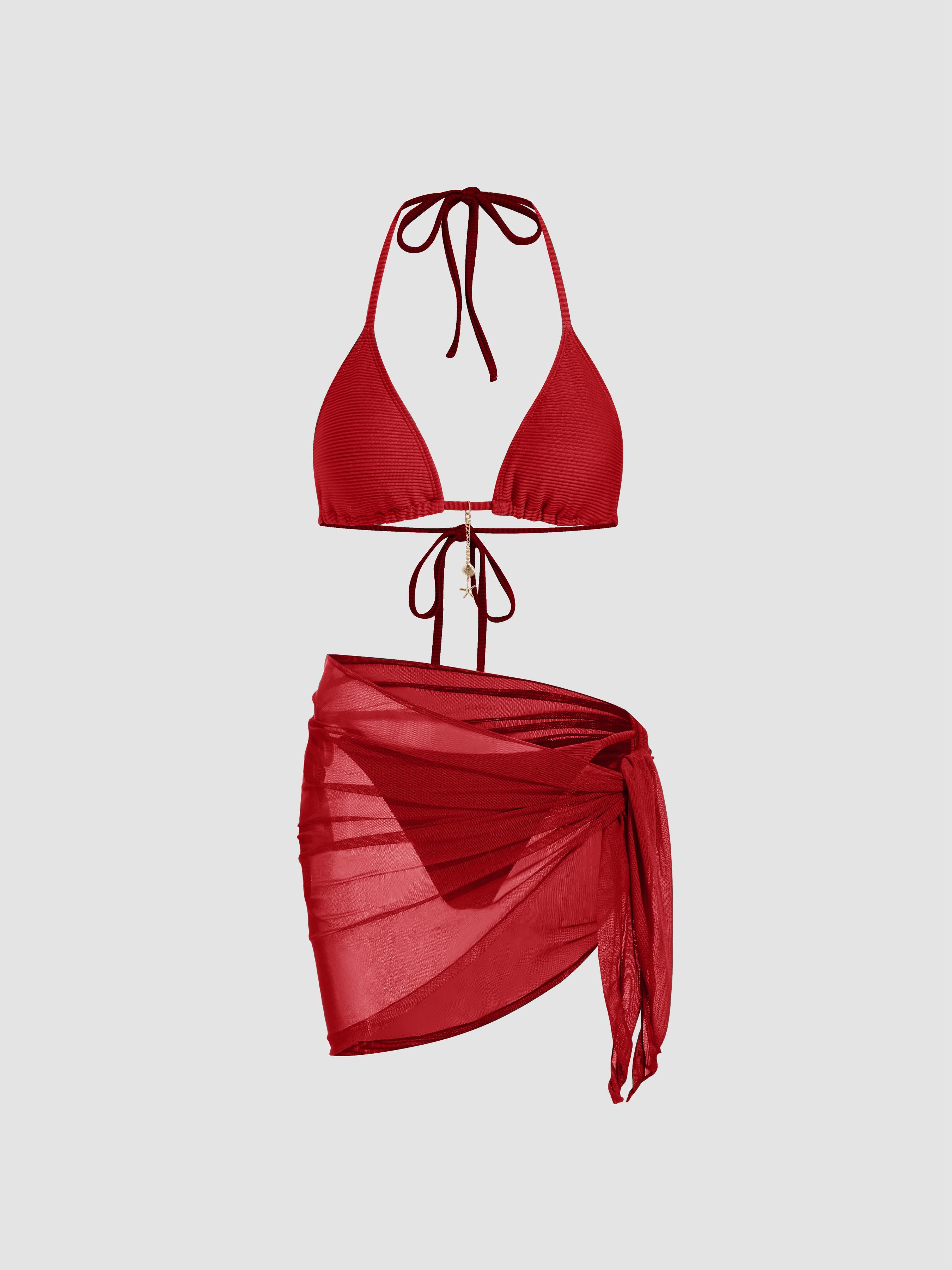 Rib Fabric Halter Neckline Knotted Tie Side Bikini Set With Sarong by CIDER
