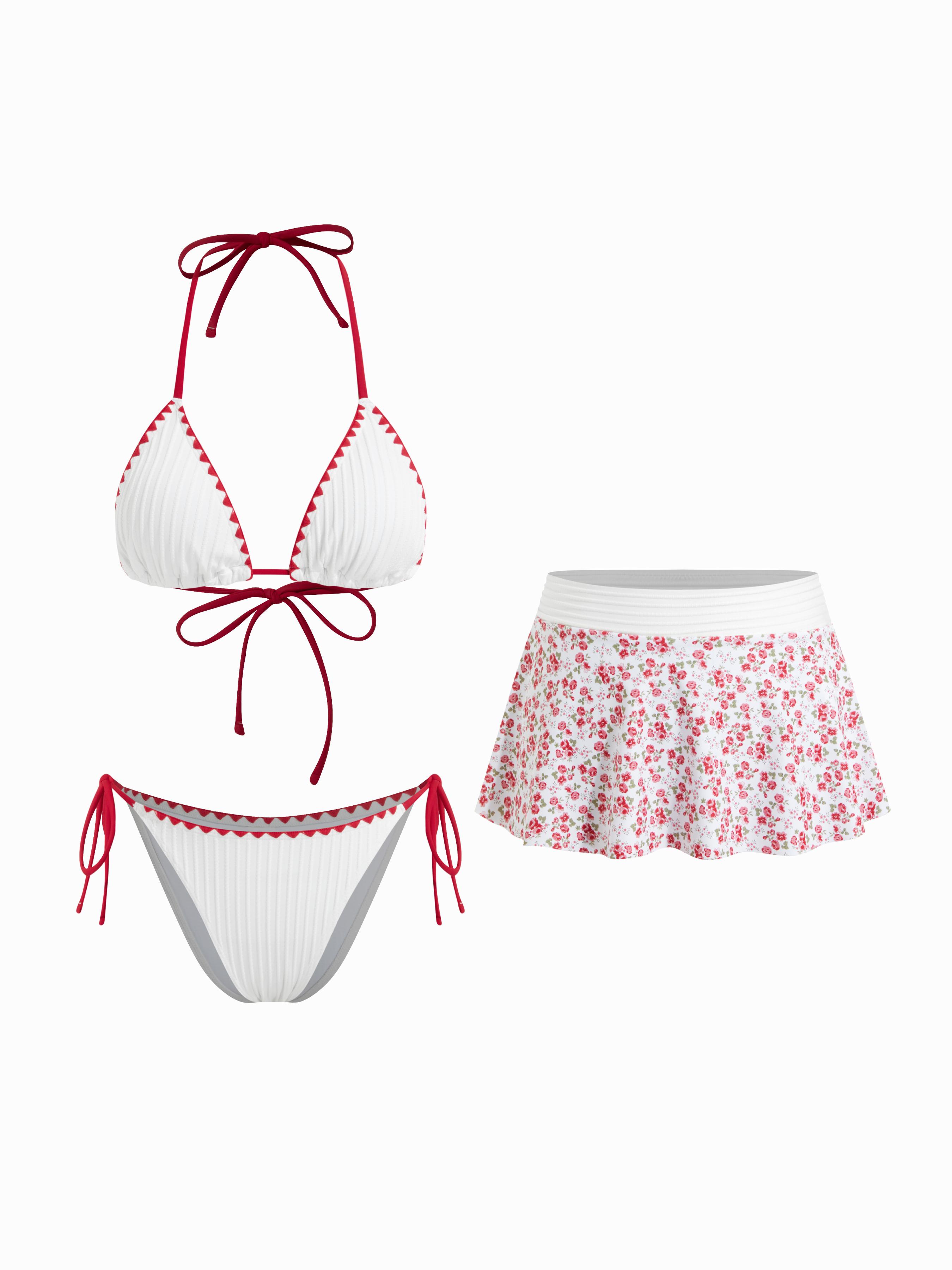 Rib Halter Neckline Contrasting Binding Triangle Bikini Set & Floral Cover Up Skirt by CIDER