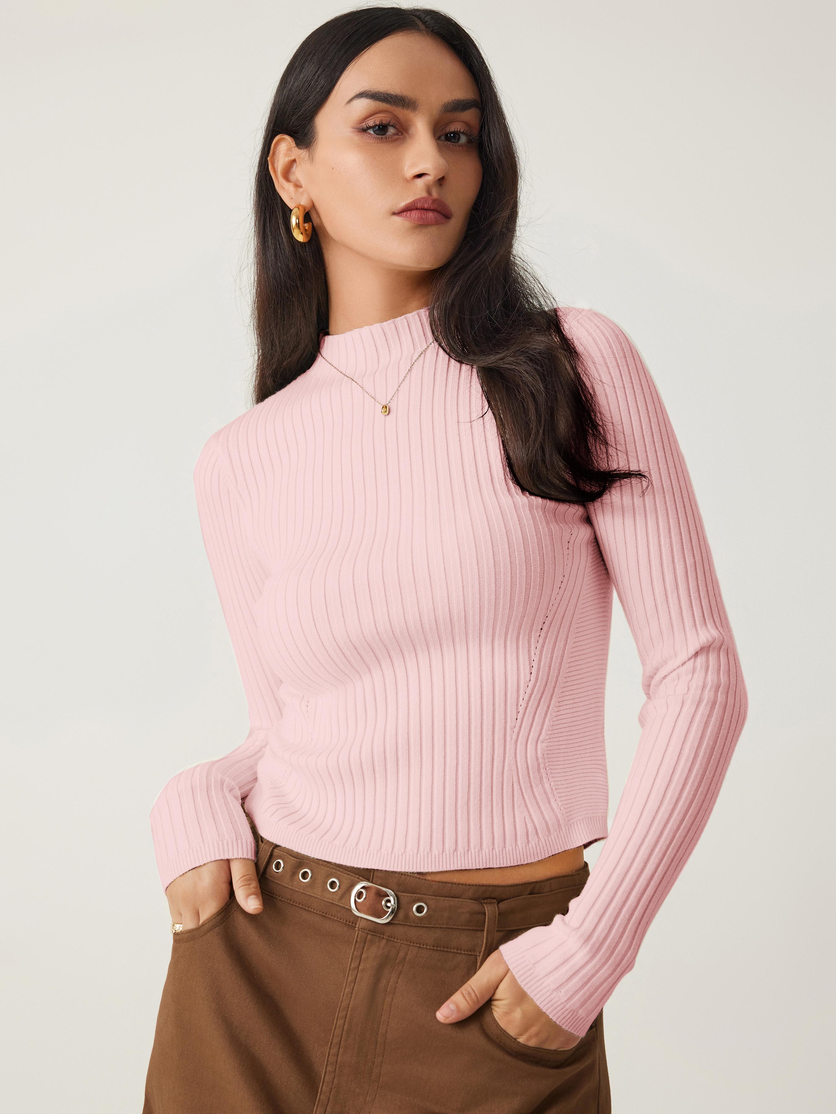 Rib Knit Stand Neck Solid Long Sleeve Top by CIDER