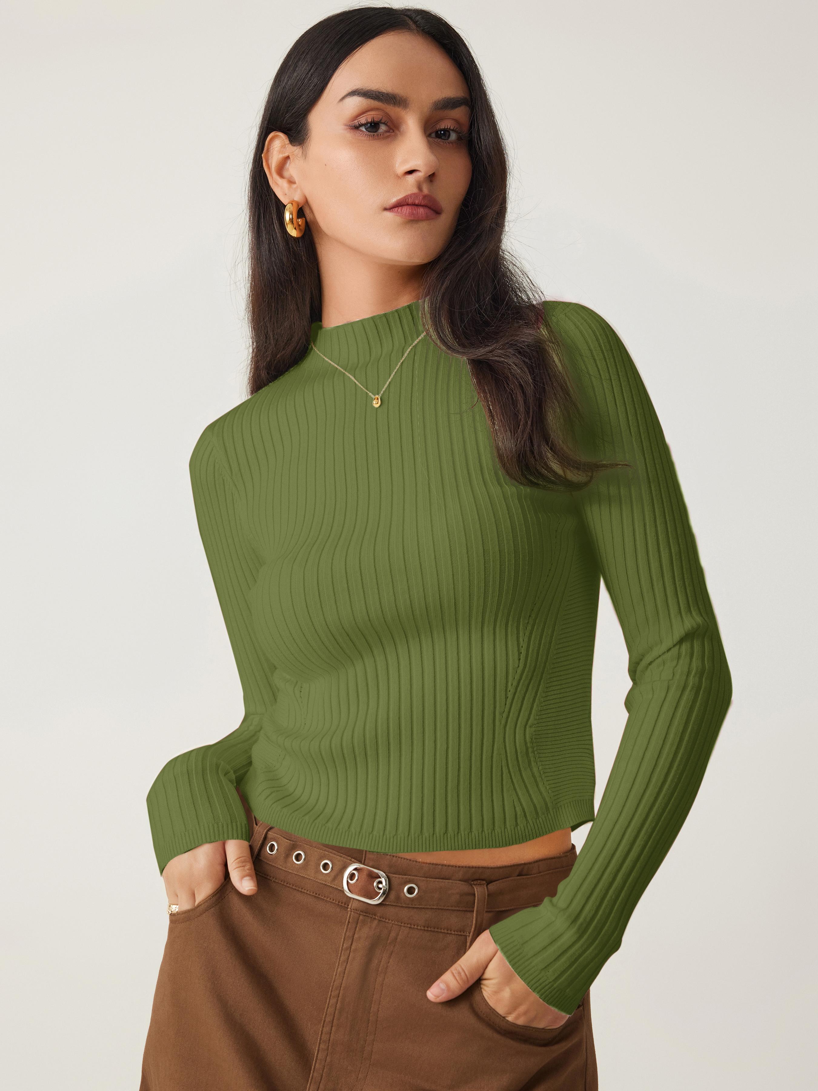 Rib Knit Stand Neck Solid Long Sleeve Top by CIDER