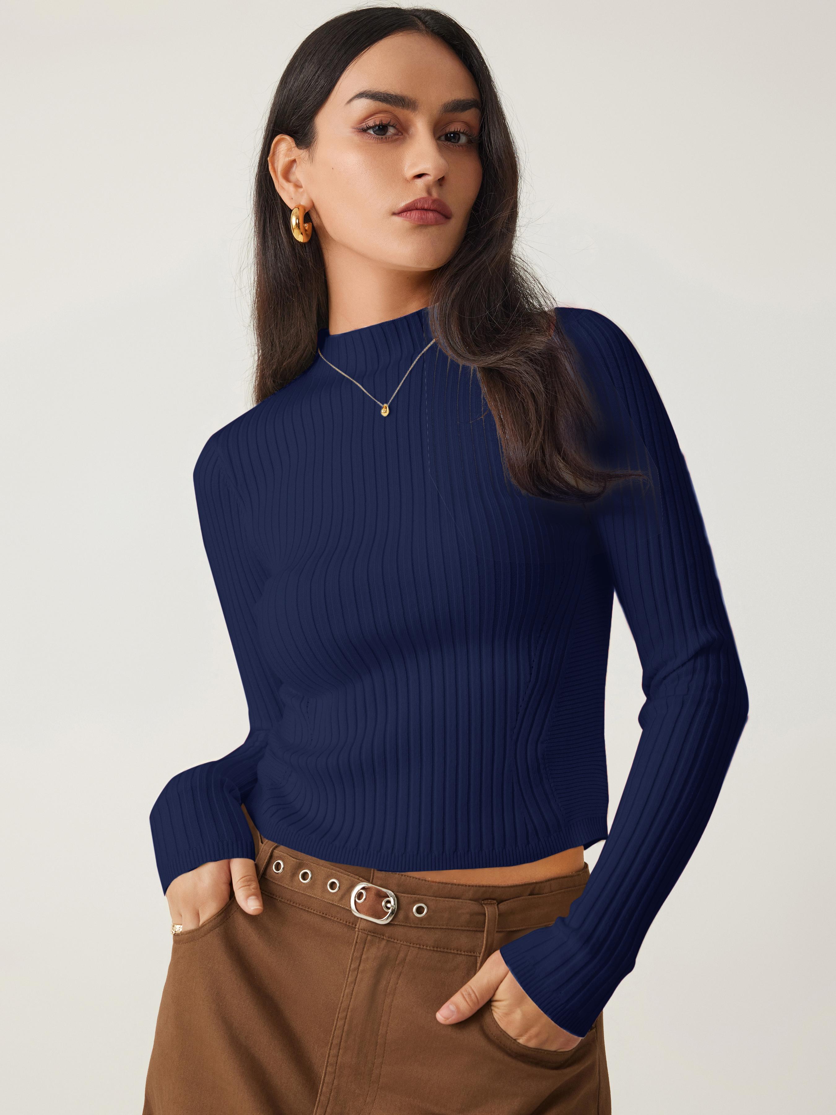 Rib Knit Stand Neck Solid Long Sleeve Top by CIDER