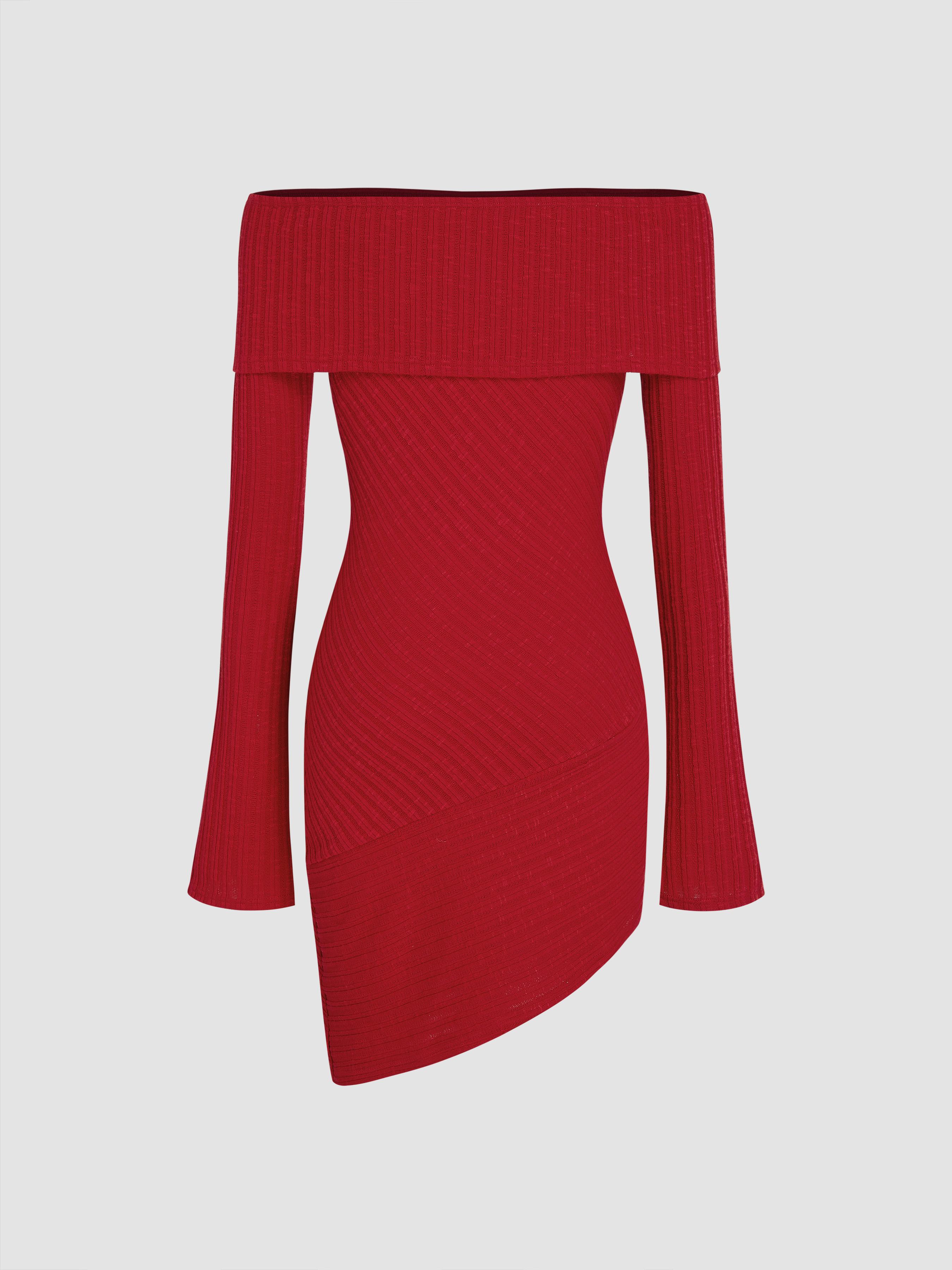 Rib Off-shoulder Asymmetrical Bell Sleeve Mini Dress by CIDER