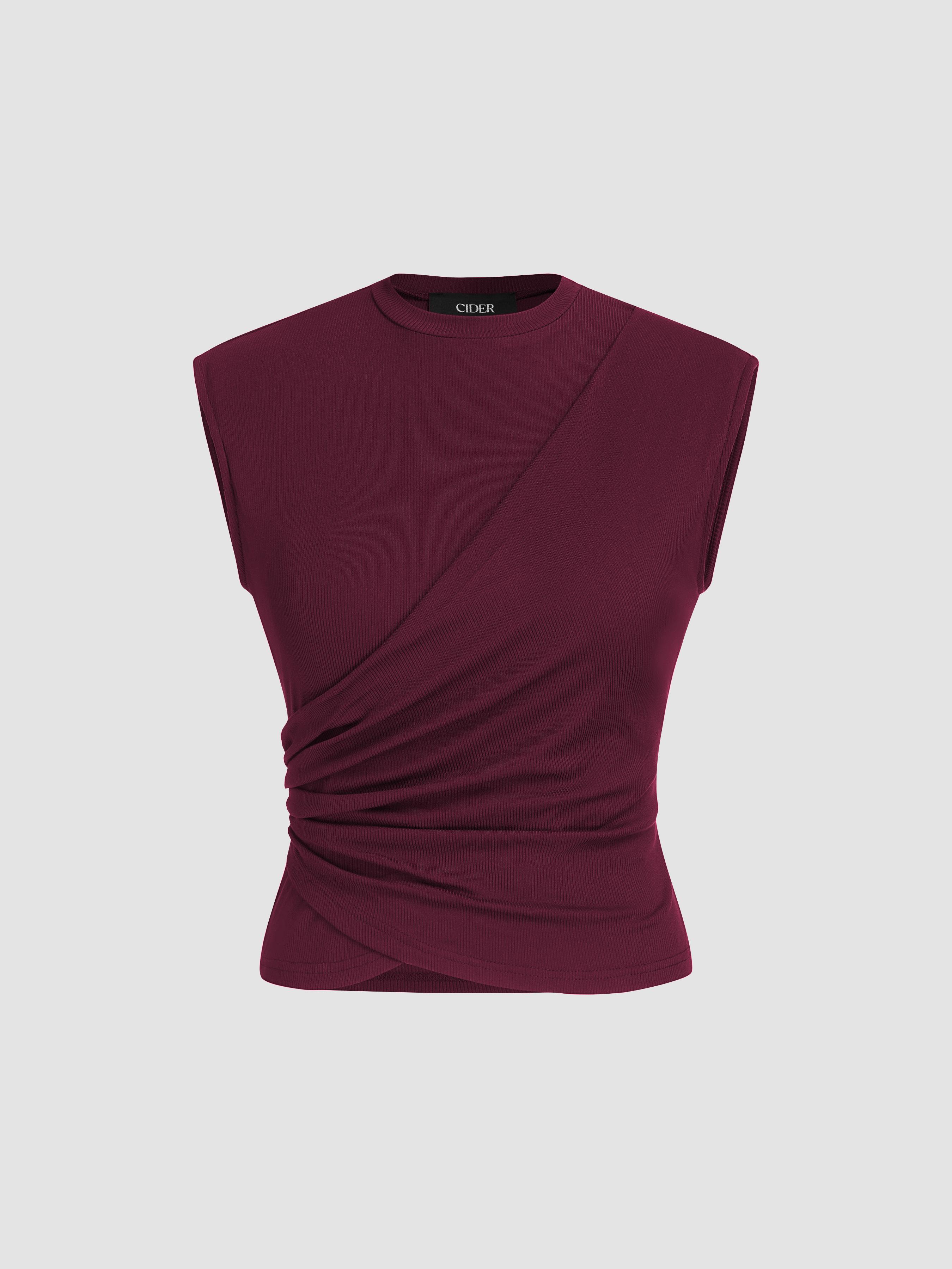 Rib Round Neck Twist Ruched Tank Top by CIDER