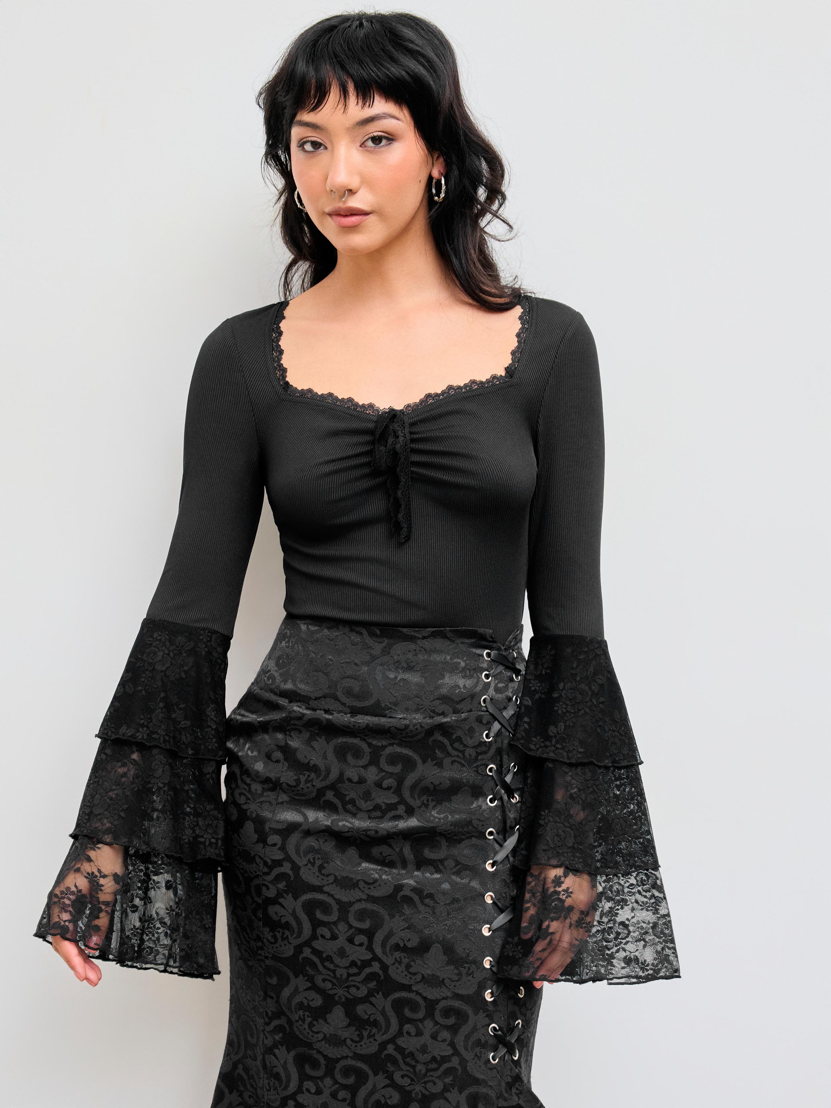 Rib Sweetheart Knotted Lace Layered Sleeve Bodysuit by CIDER