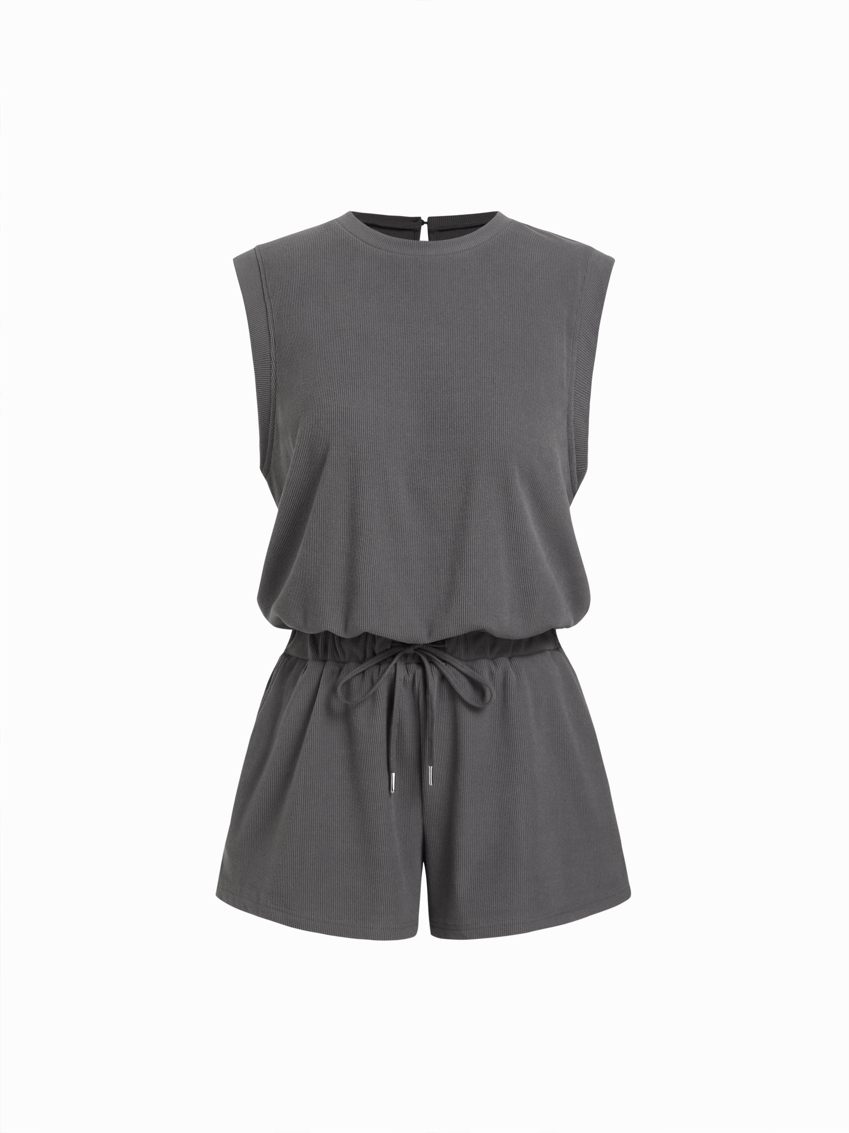 Ribbed Round Neck Drawstring Mid Rise Romper by CIDER