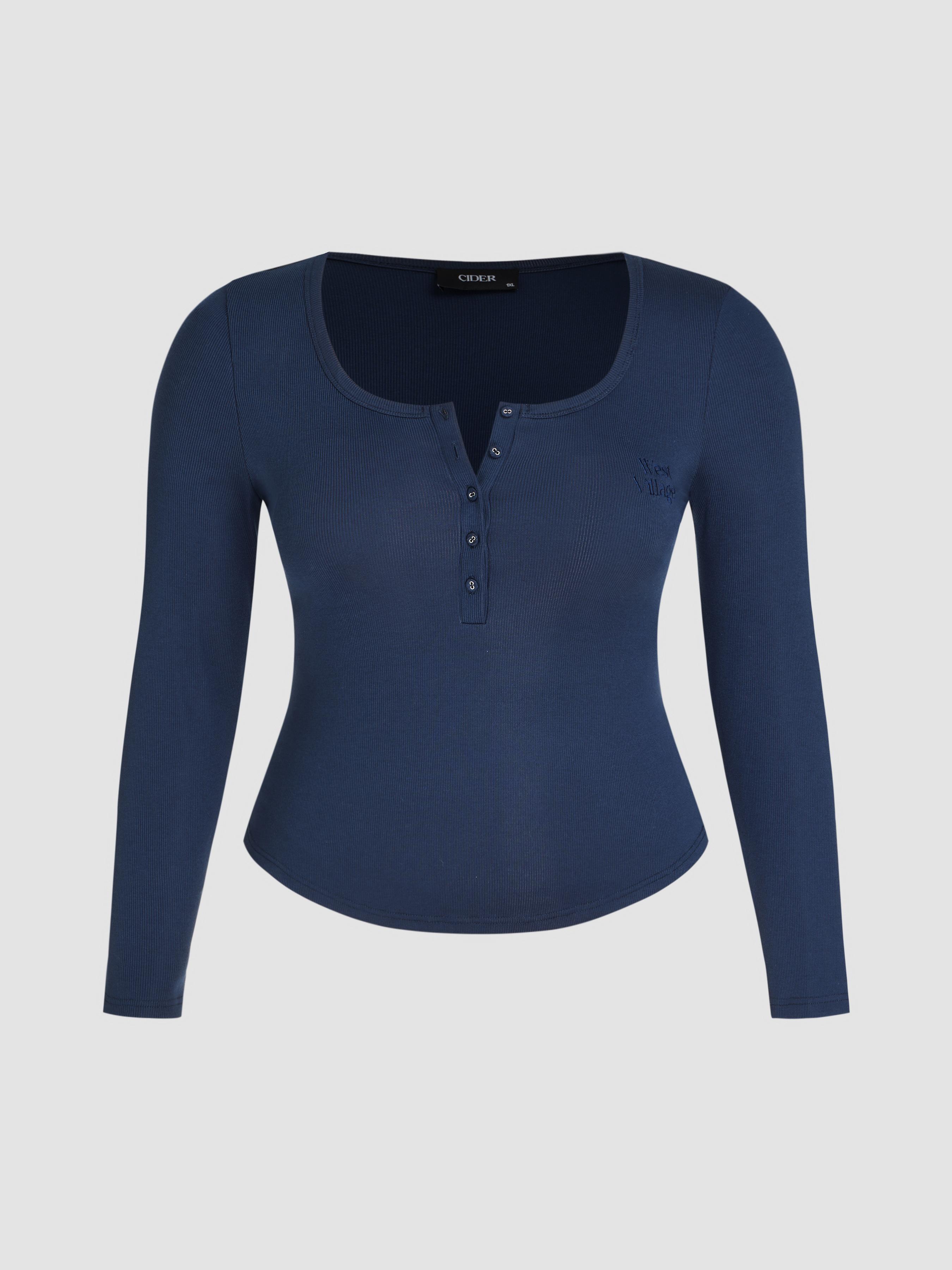 Ribbed Solid Button Long Sleeve Tee Curve & Plus by undefined Ribbed Solid Button Long Sleeve Tee Curve & Plus by undefined