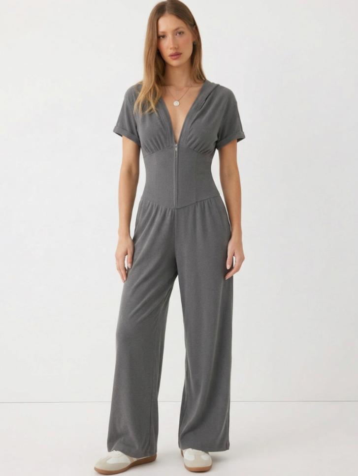 Ribbed V-neck Wrap Front Wide Leg Jumpsuit by CIDER