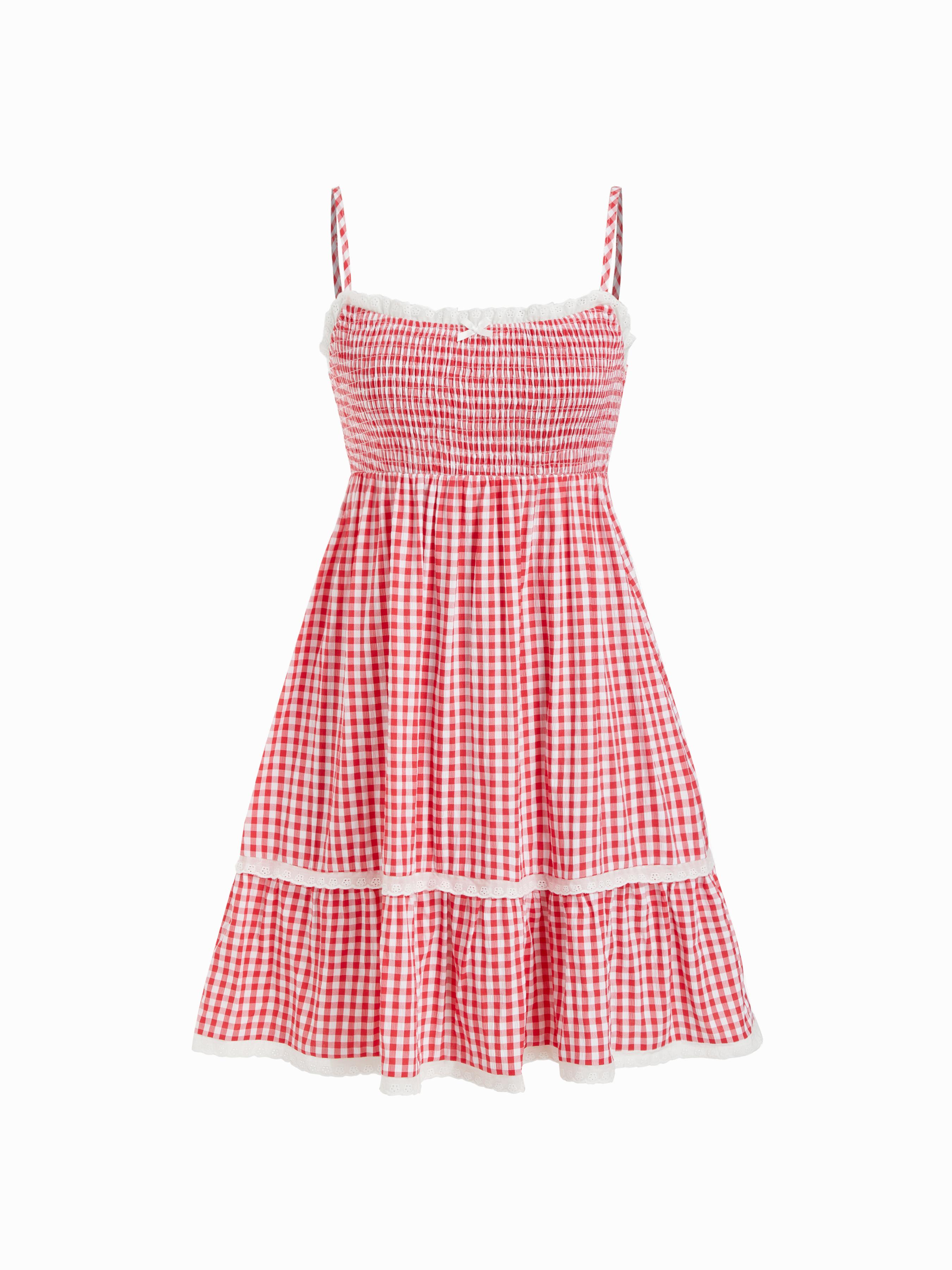 Robe courte en gingham à col carré, froncée et à volants en gradin by CIDER