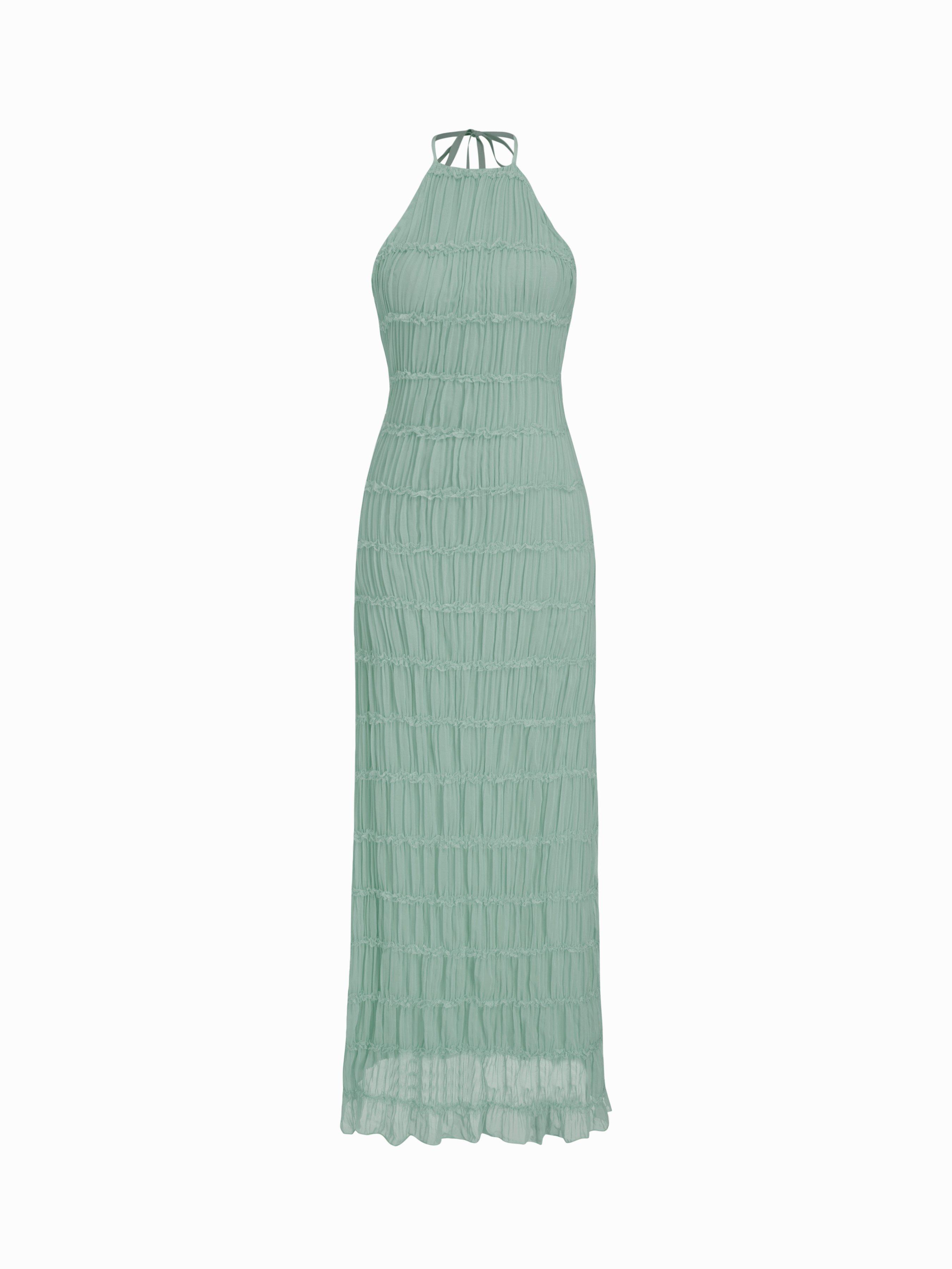 Robe longue en mousseline col haltère sans manches froncée by CIDER