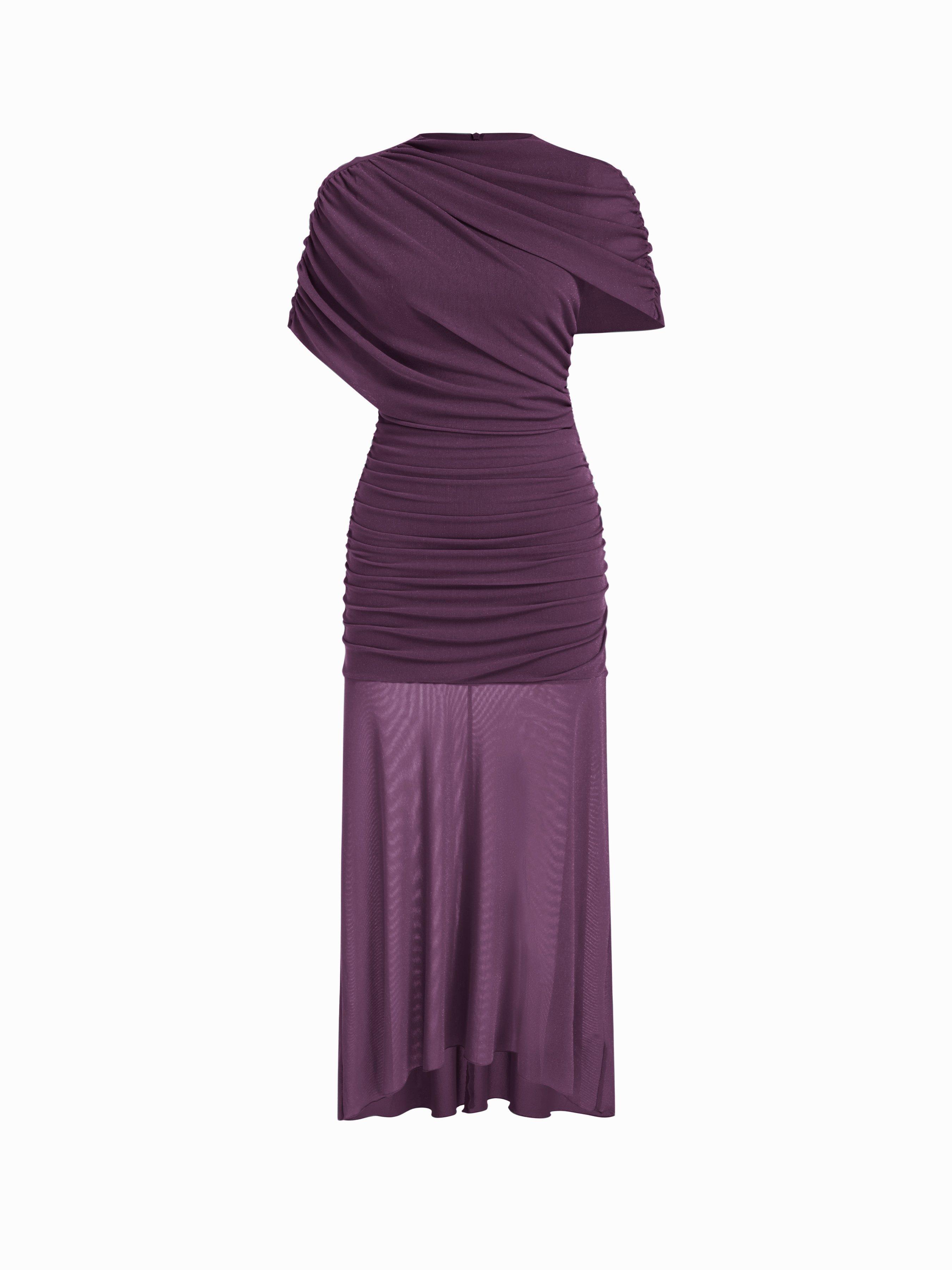 Robe longue maxi à encolure cheminée, col structuré, manches cape, effet froncé et ourlet dégradé high-low by CIDER